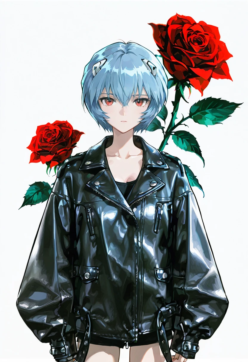 1girl,solo,looking at viewer,ikeda ruriko,oversized leather jacket, ayanami_rei, rose, cityu