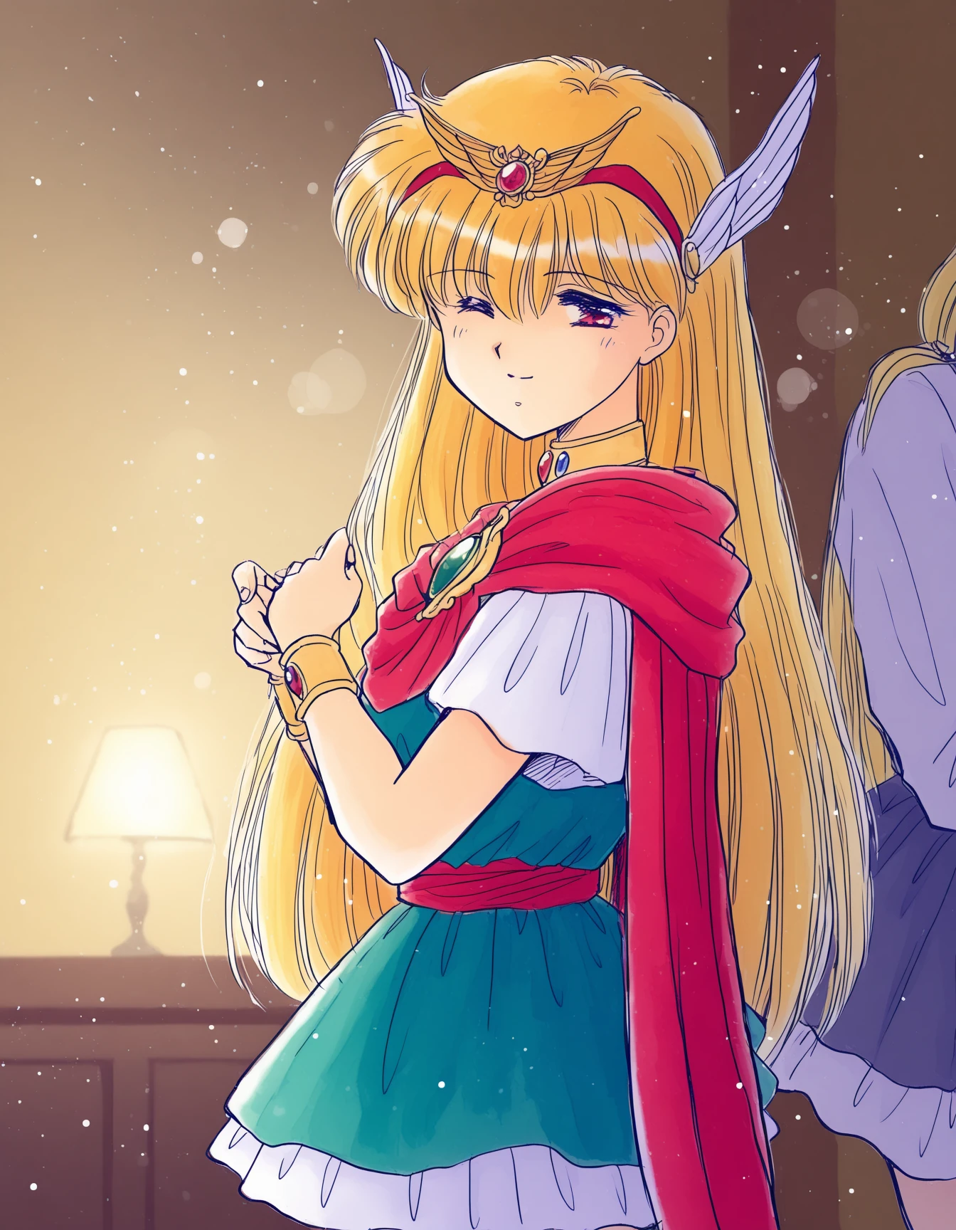 masterpiece, best quality, very aesthetic, absurdres, newest, 
1girl, solo, solo focus, dim lighting, light particles, bokeh, double exposure, safe, 
<lora:Magical_Princess_Akazukin_Chacha_-_Kosuge_Yuutarou_version_Illustrious:1.0>, magical_princess, akazukin chacha, red eyes, blonde hair, long hair, very long hair, bangs, hair between eyes, hair ornament, wing hair ornament, jewelry, dress, cape, skirt, miniskirt, , choker
(sketch:1.4)
midday, indoors, sunny, 
looking to the side,
from side,  
happy
, 
, 
one eye closed, half-closed eyes
,