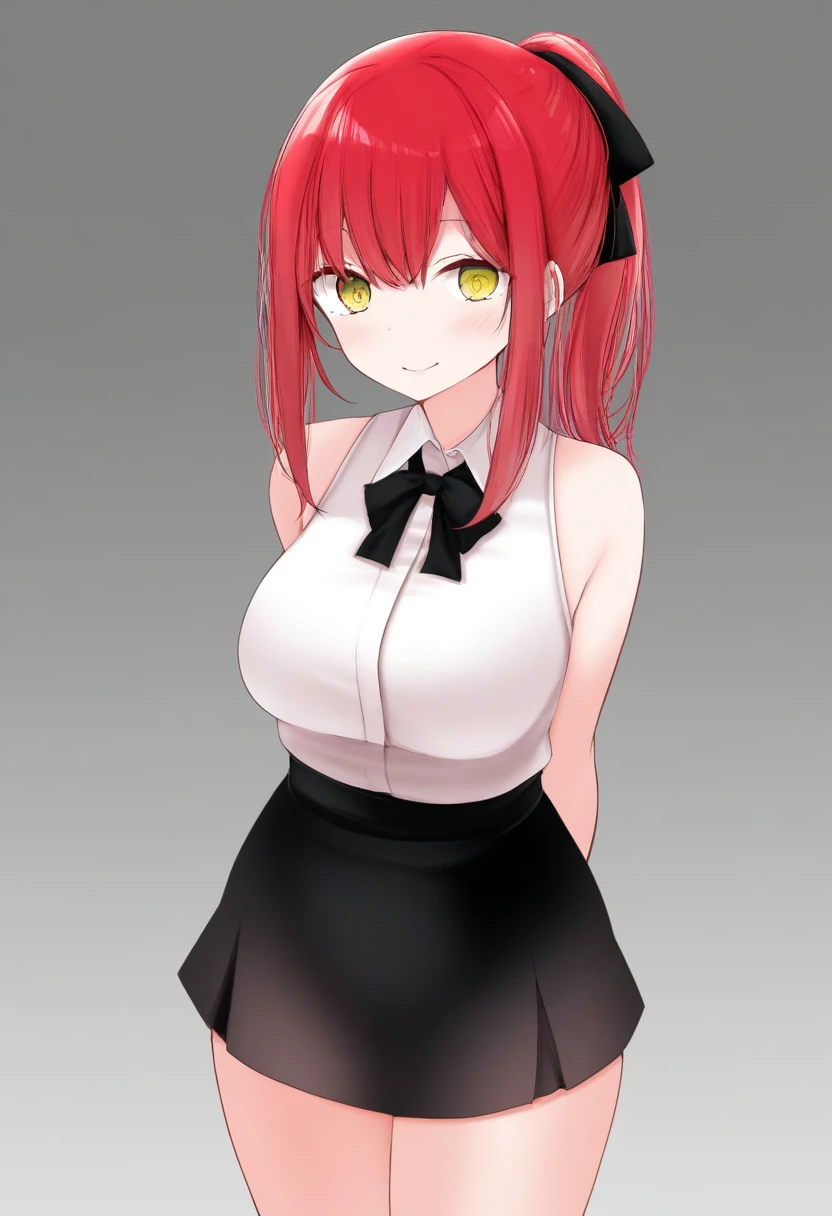 1girl, solo, long hair, breasts, looking at viewer, blush, smile, simple background, shirt, skirt, bow, ribbon, closed mouth, bare shoulders, medium breasts, standing, white shirt, yellow eyes, ponytail, thighs, hair bow, cowboy shot, red hair, sleeveless, collared shirt, bowtie, black skirt, miniskirt, grey background, sleeveless shirt, bare arms, gradient background, black bow, arms behind back