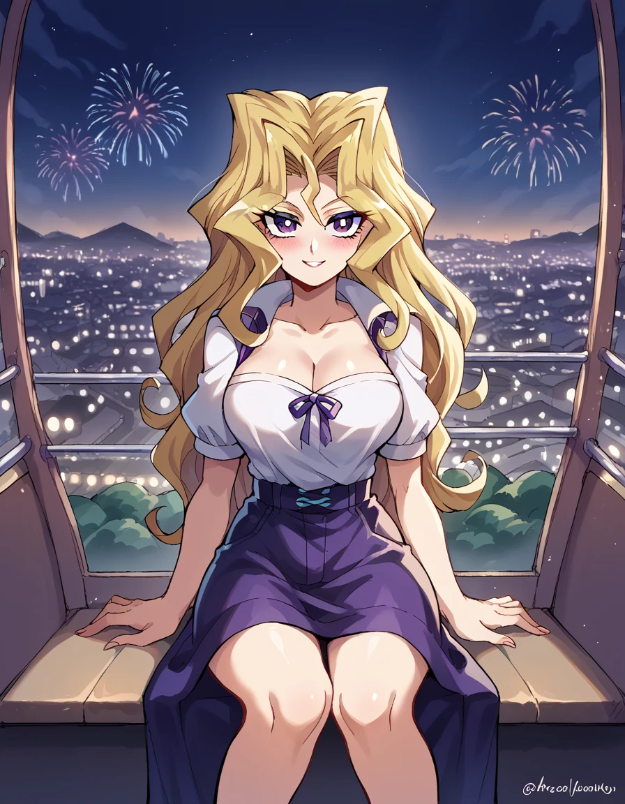 score_9, score_8_up, score_7_up, source_anime, <lora:mai-kujaku-ponyxl-lora-nochekaiser:1> mai kujaku, black eyeliner, blonde hair, long hair, makeup, purple eyes, sidelocks, wavy hair, eyeliner, large breasts, <lora:ferris-wheel-interior-ponyxl-lora-nochekaiser:1>, ferris wheel interior, ferris wheel, gondola, cityscape, amusement park, city lights, night, fireworks, aeriel firworks, night sky, city, skyline, sky,, sitting, smile, blush, looking at viewer,,