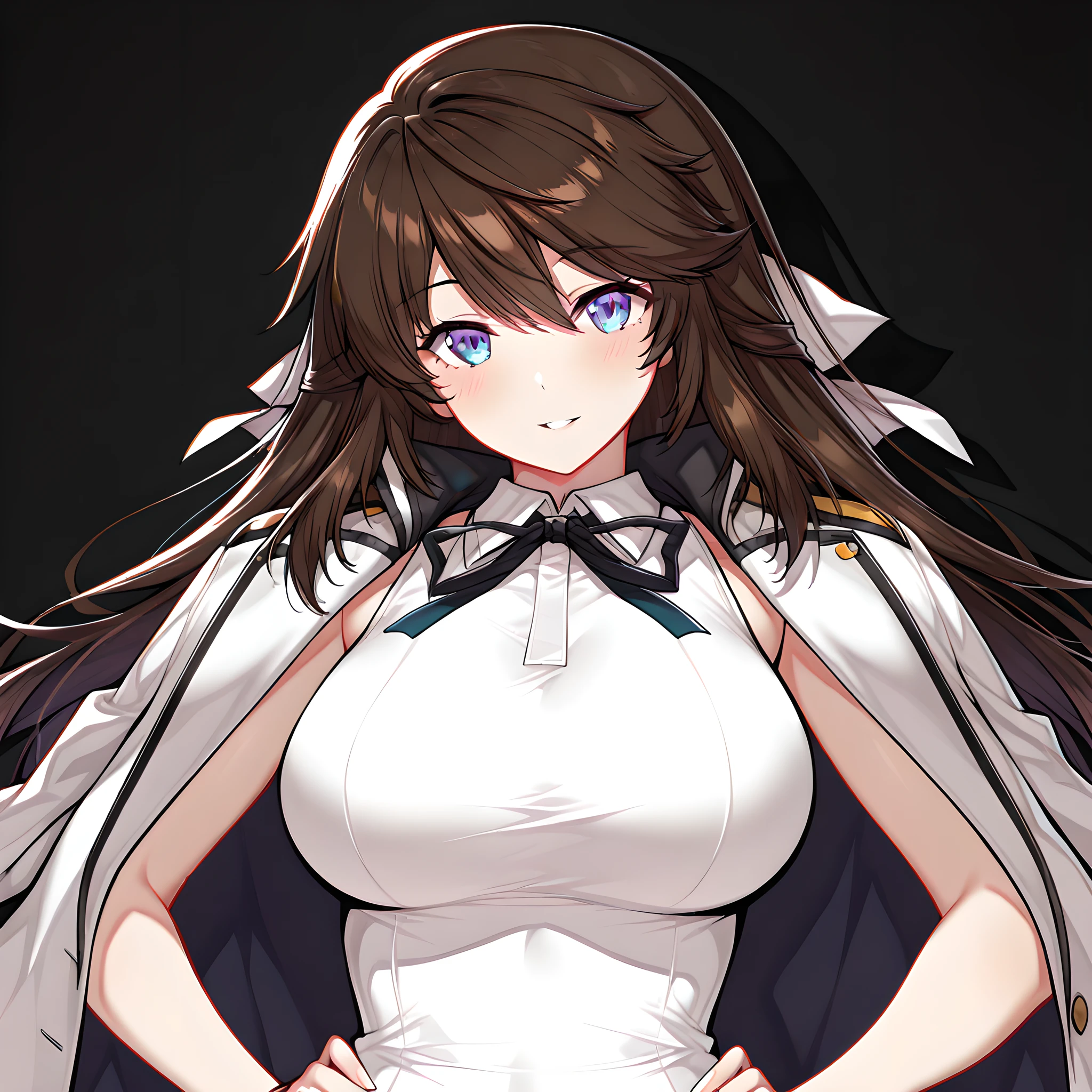 shin jia, 1girl, solo, long hair, brown hair, blue eyes, breasts, jacket on shoulders, hands on hips, looking at viewer, ribbon, smile, jacket, black background, hair between eyes, shirt, large breasts, neck ribbon, sleeveless, parted lips, upper body, white jacket, bangs, white shirt, normalform<lora:ShinJiav1.5IllustXL:1>, (masterpiece),(best quality),(ultra-detailed),(best illustration),(best shadow),(absurdres),(detailed background),(very aesthetic),