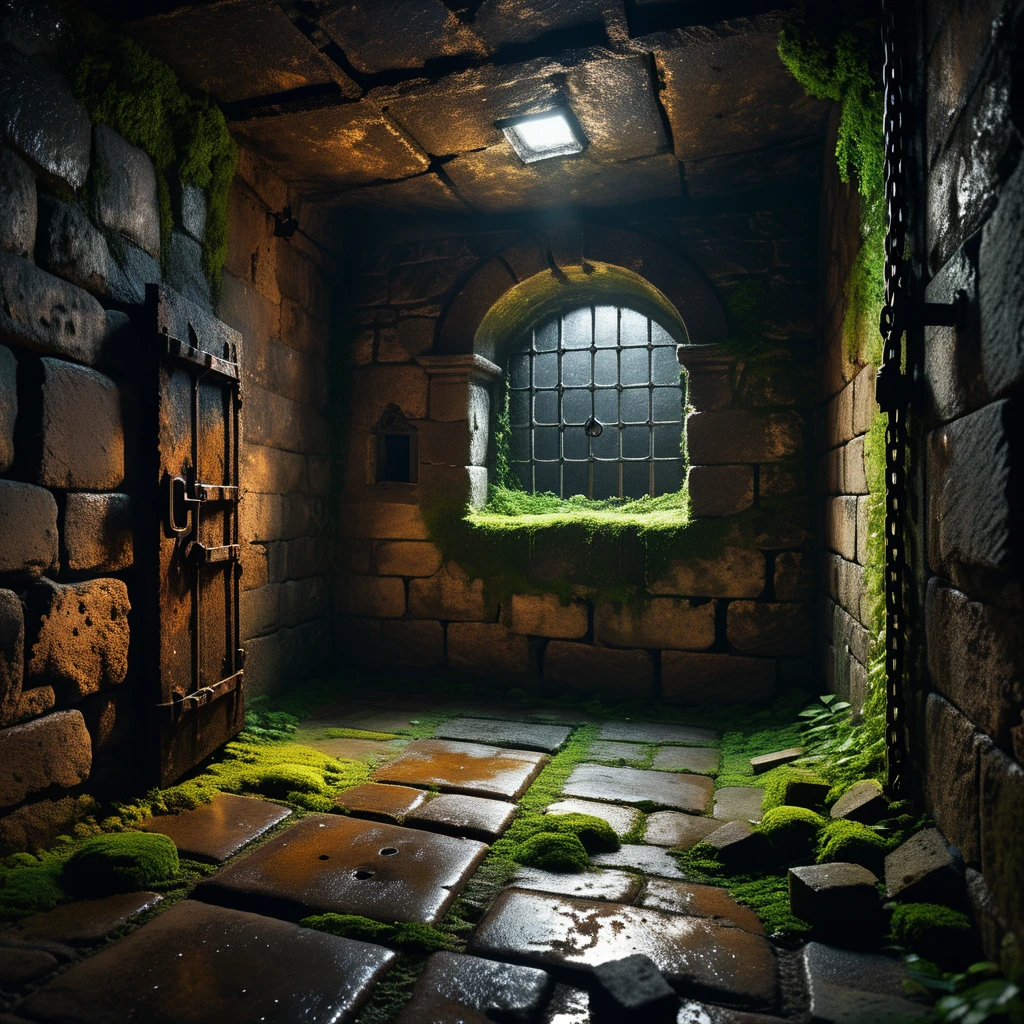 A dark and grim medieval castle dungeon, designed for imprisoning captives. The walls are made of aged, damp stone bricks, cracked and worn with time, with patches of moss and moisture seeping through. The small, claustrophobic space is lit by a single flickering torch mounted on the wall, casting long, eerie shadows across the room. Rusted iron bars form a heavy prison door with a corroded lock and hinges, partially ajar or firmly shut. The floor is rough, uneven stone, covered in dirt and faint stains, hinting at years of suffering. Chains hang loosely from rusted hooks embedded in the walls, their metal corroded and worn. In one corner, a small, grated window lets in a thin sliver of cold, pale light, emphasizing the dungeon's oppressive and hopeless atmosphere. The air feels damp, stale, and heavy with silence, evoking a chilling sense of isolation and despair.
<lora:SDXLFaeTastic2400:0.4> <lora:extremely_detailed:0.4> extremely detailed, Masterpiece,best quality,hi res,8k,hi res,8k,award winning,(sharp focus, intricate, highly detailed),