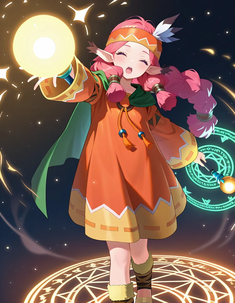 <lora:Pchiko_SDXL_Illustrious01_fp16_ver01:1>,Pchiko, 1girl,solo,animal ears, pink hair,purple eyes, headband,dress,long sleeves,  sandals,feather hair ornament,magic circle, holding wand, closed eyes, open mouth,, masterpiece, best quality, very aesthetic, absurdres,<lora:detailed_hands:1>,hand