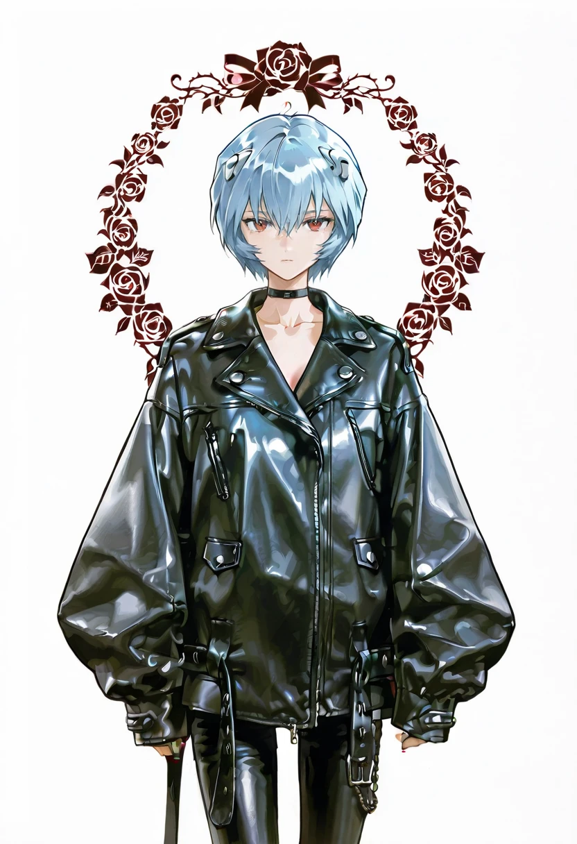 1girl,solo,looking at viewer,ikeda ruriko,oversized leather jacket, ayanami_rei, rose, cityu