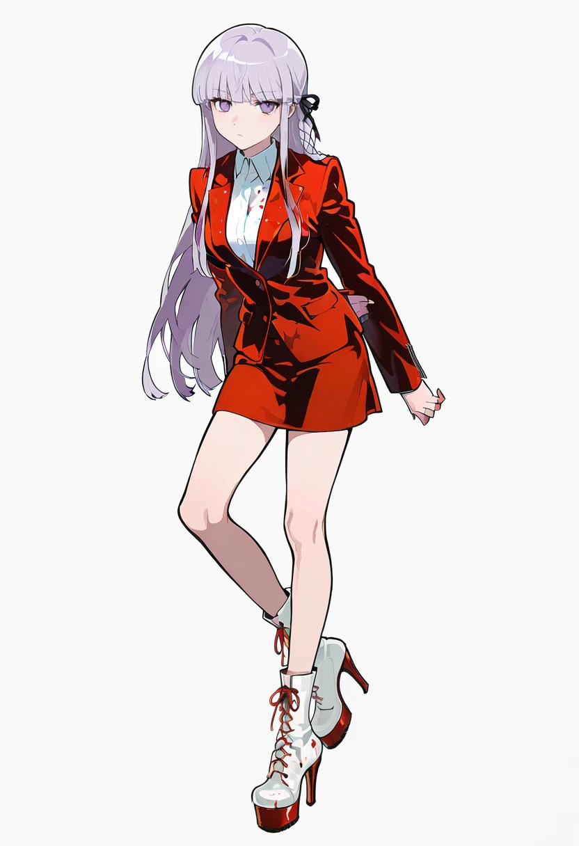 1girl,solo,looking at viewer,ikeda ruriko, sq platform heels, guru,blood on clothes, white footwear, red footwear, kirigiri_kyoko,full body,