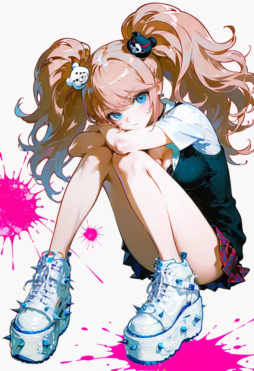 1girl,solo,looking at viewer,ikeda ruriko, yru platform shoes, sneakers, spikes, white footwear, enoshima_junko, pink splatter