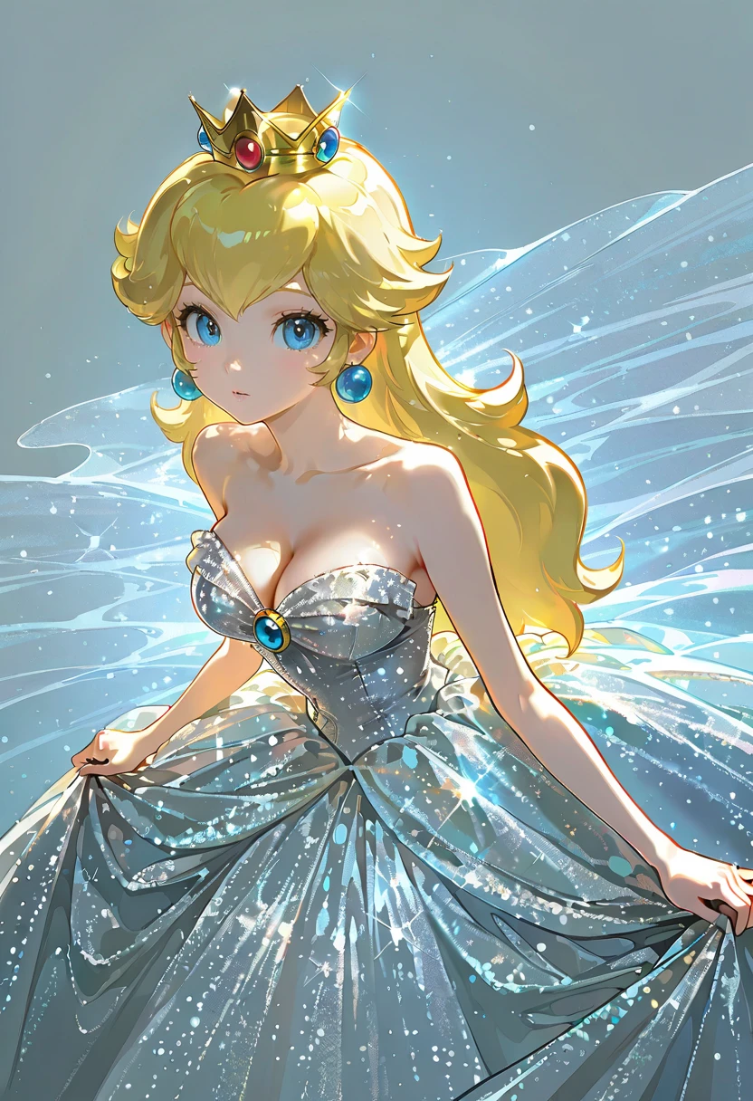 1girl,solo,looking at viewer,ikeda ruriko,glitter gown, cleavage, bare shoulders, strapless dress,princess peach,