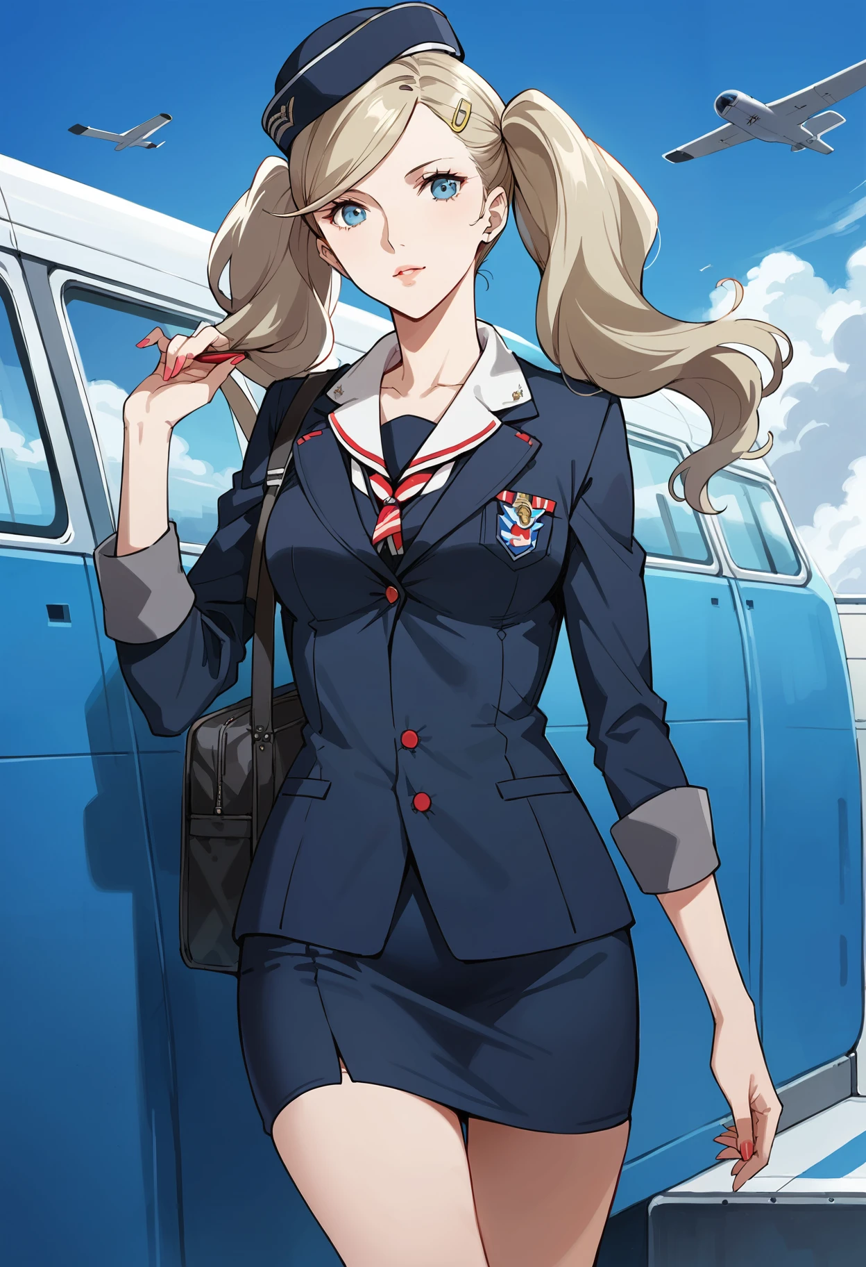 score_9, score_8_up, score_7_up, (source_anime), 1 girl, solo, nsfw, cute face,
p5ann, twintails, long hair, takamaki anne, blonde hair, hairclip,
flight attendant uniform, navy jacket, navy pencil skirt, neckerchief, flight attendant hat,
airplane, airplane aisle,
masterpiece, best quality, ultra detailed, absurdres, very aesthetic