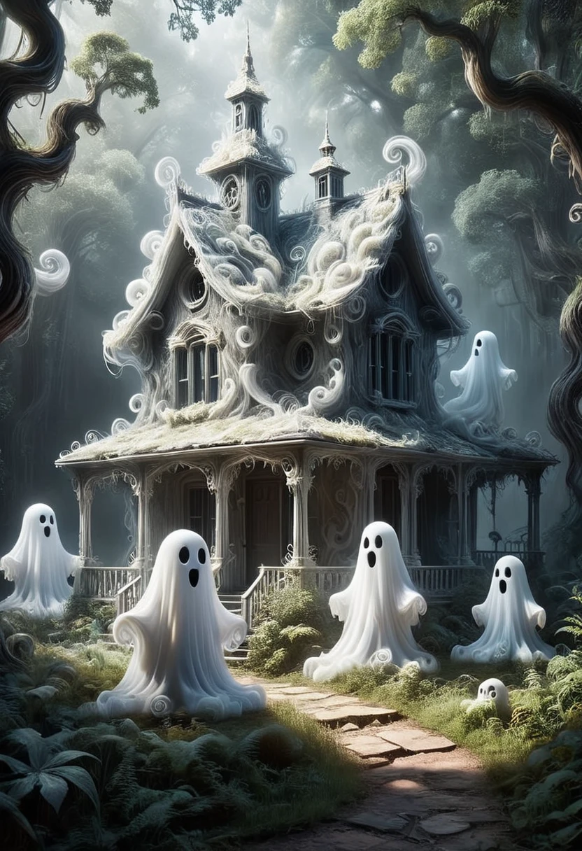 SW1RLYGH0ST, A house made of ghosts, set in the forest, masterpiece, best quality