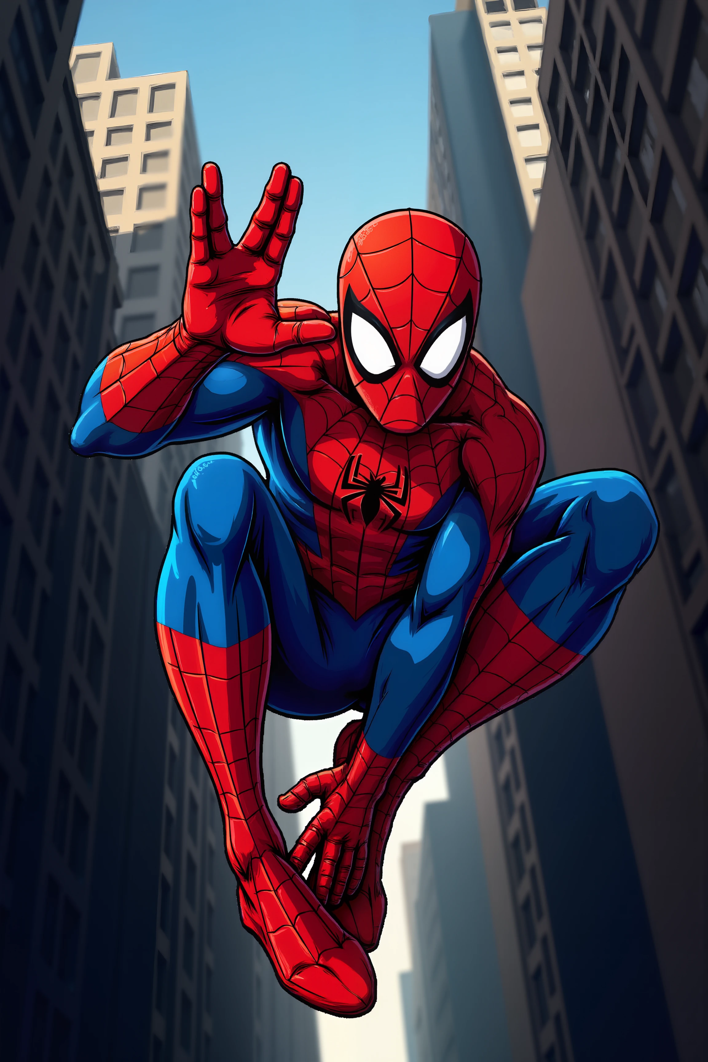 cartoon spiderman swingin on webs between buildings is giving a v-shaped vulcan salute hand gesture with fingers parted between the middle and ring finger and with extended thumb.Fantastic lighting. Detailed shadows.intricate details, vivid colors, hyper-detailed, ultra-sharp<lora:VULCANSALUTE_FLUX:1.32>