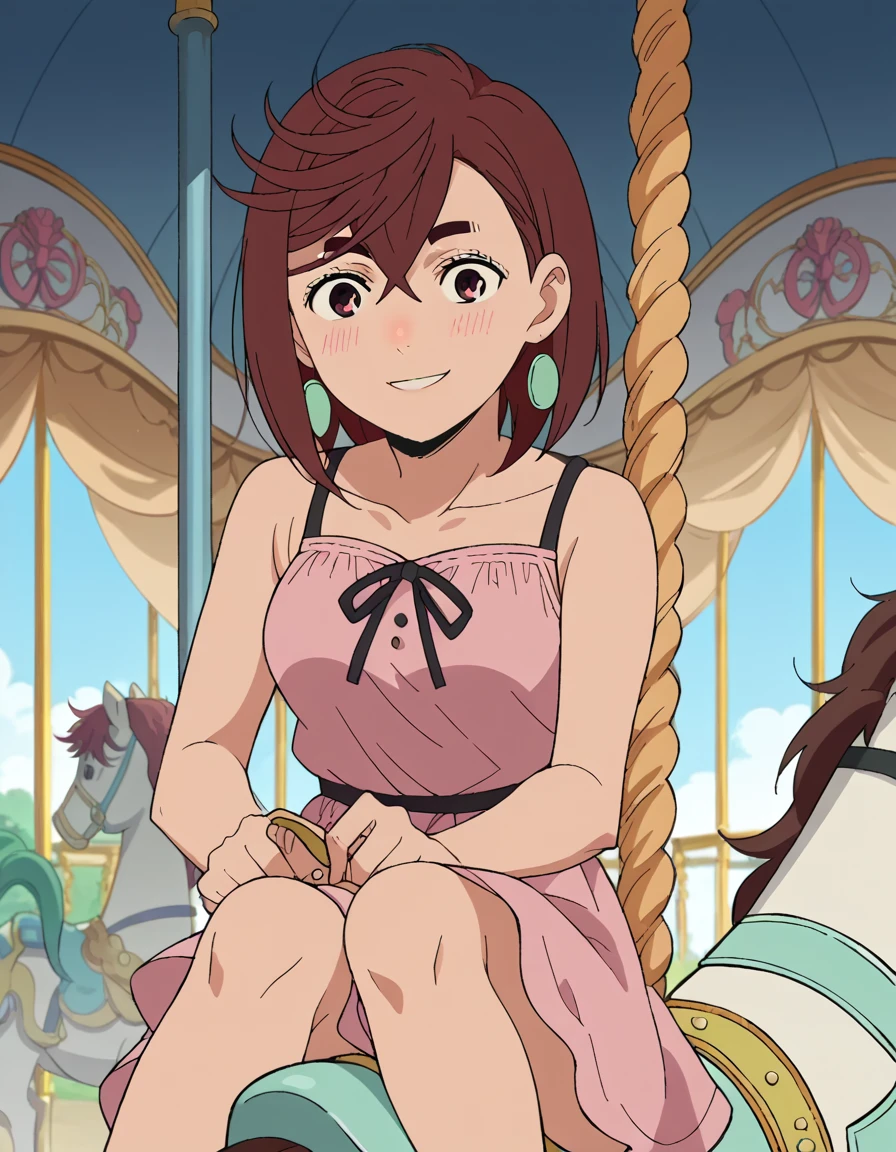 score_9, score_8_up, score_7_up, source_anime, <lora:momo-ayase-s1-ponyxl-lora-nochekaiser:1>, momo ayase, short hair, brown hair, brown eyes, bangs, thick eyebrows, medium breasts, anime screencap,, <lora:carousel-ponyxl-lora-nochekaiser:1>, carousel, sitting, riding,, blush, smile, casual dress, solo,,