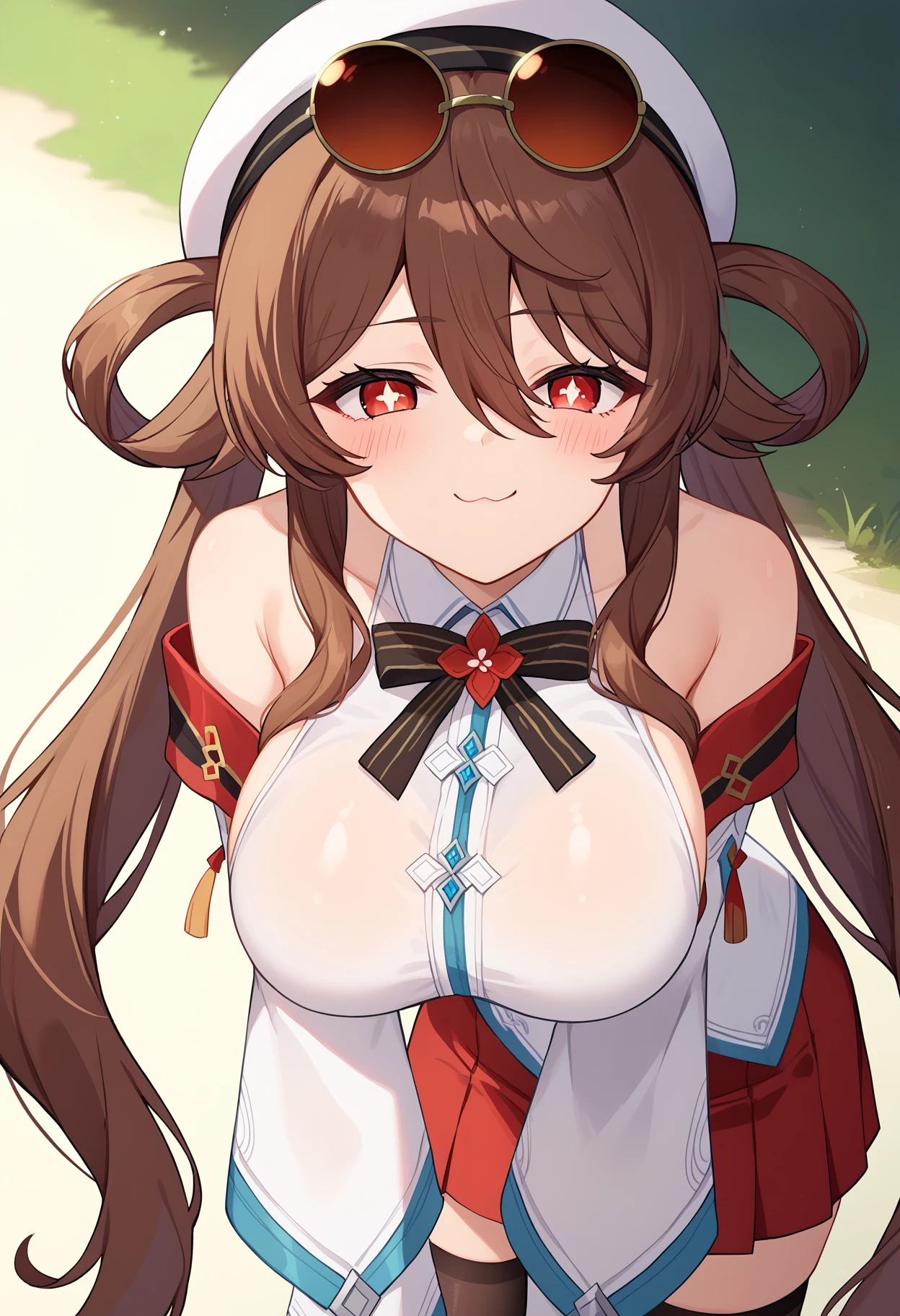 score_9, score_8_up, score_7_up, source_anime,
BREAK
1girl, solo, 
<lora:shiHuTaoCherryV1:1>,
shihucherry, alternate costume, official alternate costume, 
long hair, very long hair, 
brown hair, red eyes, twintails, flower-shaped pupils, hair between eyes, 
sunglasses, eyewear on head, tinted eyewear, 
white headwear, white hat, white shirt, bare shoulders, off shoulder,  detached sleeves, 
white dress, red skirt, black thighhighs, 
<lora:shiBreastSqueezeV1:1>,shibreastsqueeze, huge breasts, blush, looking at viewer, leaning forward, smug, seductive smile,