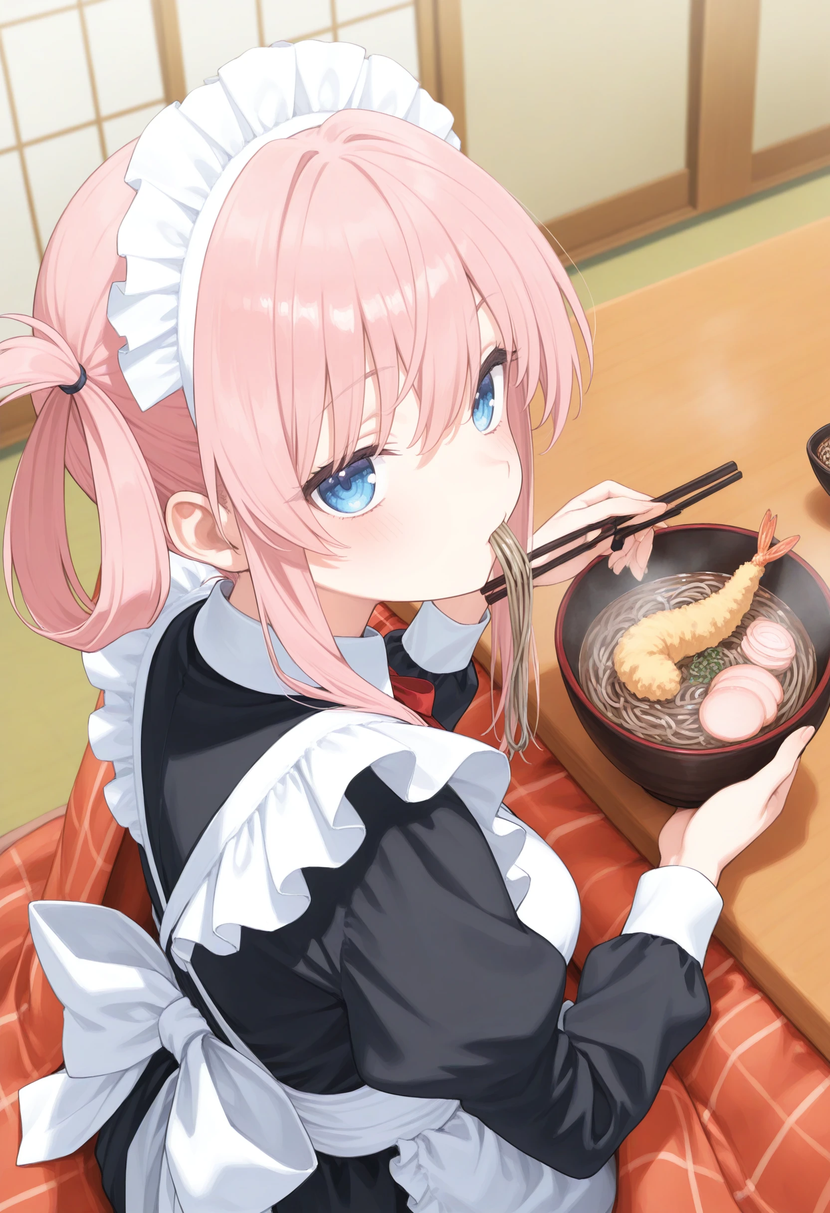 1girl,(sho \(sho lwlw\):0.7),(toosaka asagi:0.5),(sincos:0.3),solo,
masterpiece, best quality, newest, absurdres, CG, anime, source anime, illustration,
maid, maid headdress,medium breasts,
soba, table, eating, kotatsu, noodles, holding chopsticks, bowl, long sleeves, shrimp tempura, steam, kamaboko, food in mouth, hand up, under table,  <lora:soba_Illust_v1:0.8>
from behind, fisheye lens, looking up, pink hair, black eyes,disdain, parted lips, hair rings hair,