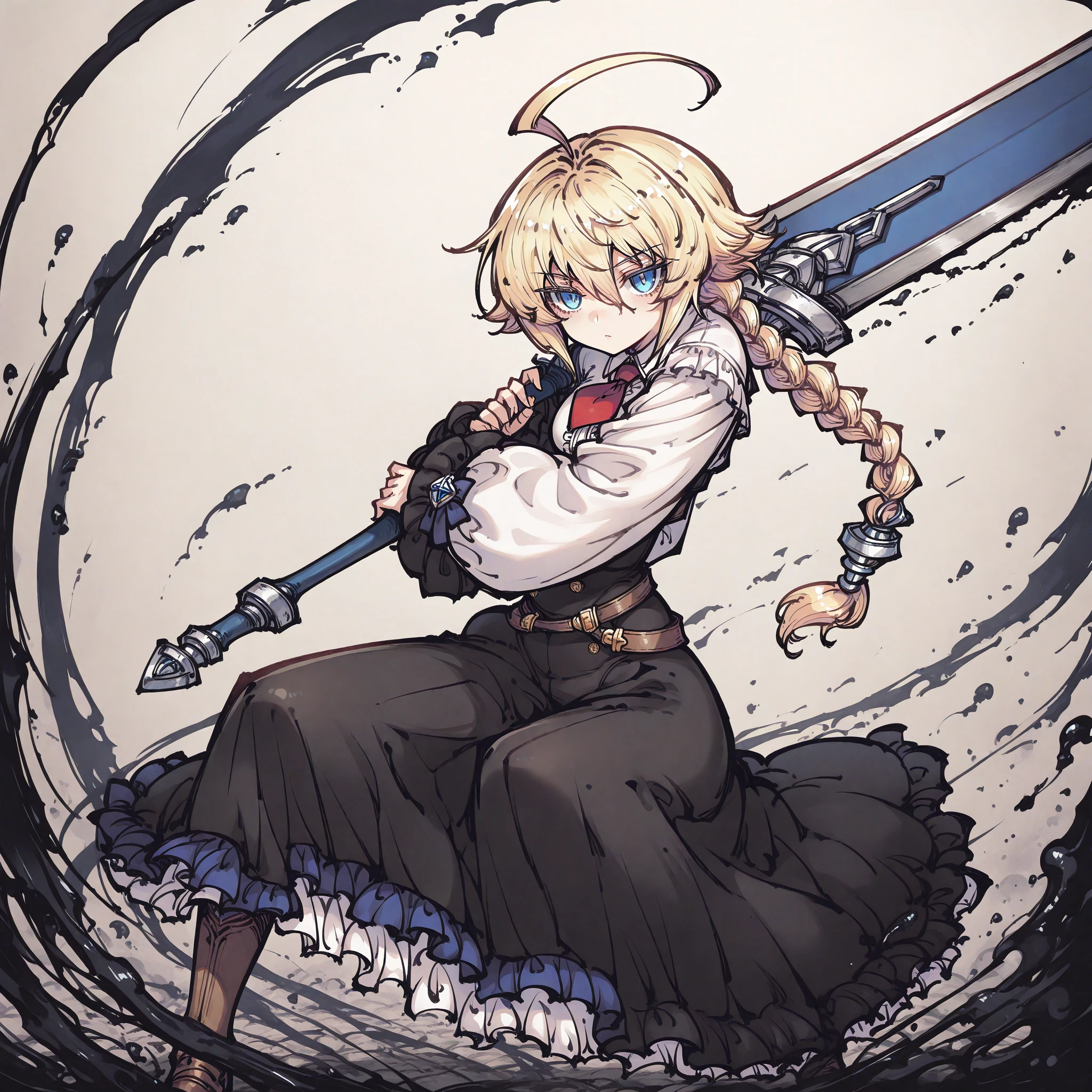 1girl,female focus,solo,es \(xblaze\),blonde hair,single braid,blue eyes,fighting stance,holding weapon,greatsword,masterpiece,best quality,newest,absurdres,highres,tokiame,ink,<lora:Tokiame_Style_Illustrious_V1:1>,<lora:deal360acv illustrious 006:0.4>,<lora:nyalia:0.15>,<lora:dj_sloppa_ill_v2:0.4>,<lora:ponyv4_noob1_2_adamW:1>,