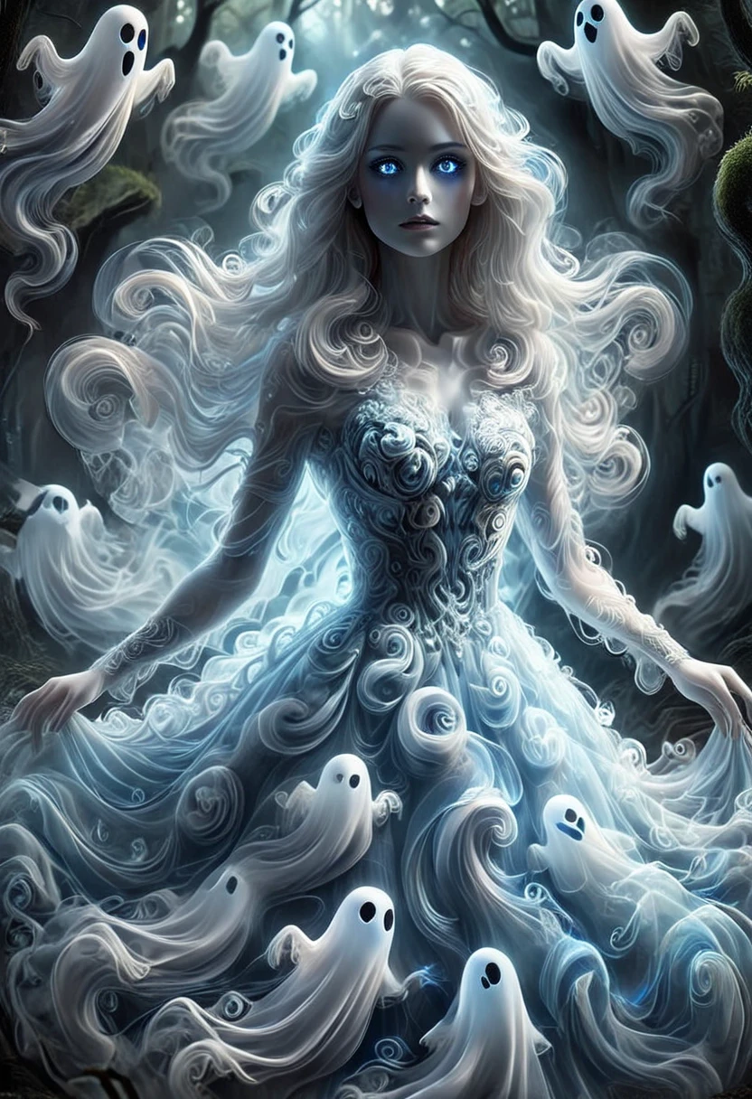 SW1RLYGH0ST, A woman wearing a dress made of ghosts, glowing blue eyes, detailed eyes, set in the forest, masterpiece, best quality