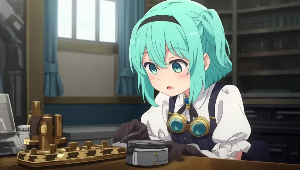 anime girl with mint green hair and silver eyes, wearing a steampunk-inspired dress with gears and goggles, tinkering with a mechanical device in her workshop.