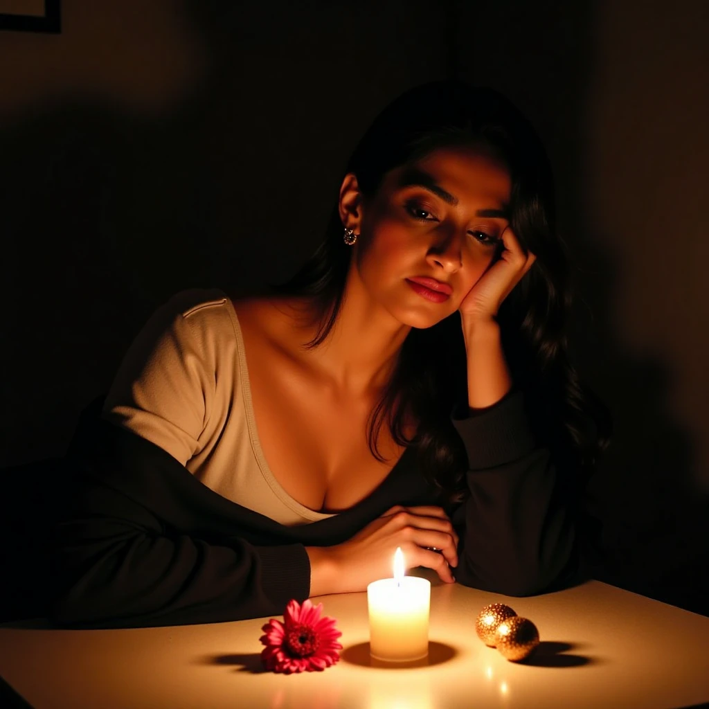 sonamkapoorukohwx with a contemplative expression, rests her head on her hand. She is seen from the mid-chest up,  wearing a simple, light-colored top that is partially hidden by her arms, and a black, long-sleeved shirt.  Her gaze is directed downward.  Soft, warm candlelight illuminates her face and upper body, casting gentle shadows. The room is dimly lit, with the light primarily concentrated on the subject and the candle.  The background is a deep, almost black, creating a strong contrast. A single candle, positioned slightly in front of the woman, is in clear focus. A small, delicate red flower rests on a surface near the burning candle and also to the side of the woman's position. The surface appears to be a light beige or tan table, illuminated just enough to show its texture in the warm light. Small ornate items, potentially decorative spheres or fruits, are arranged around the candle. Soft, warm, muted colors dominate the image, emphasized by the warm candlelight colors.  The overall mood is introspective and quiet; the image evokes a sense of calm contemplation and gentle romance, highlighting feelings of peace and introspection. A diffused, intimate lighting style enhances the subdued, artistic quality of the portrait.