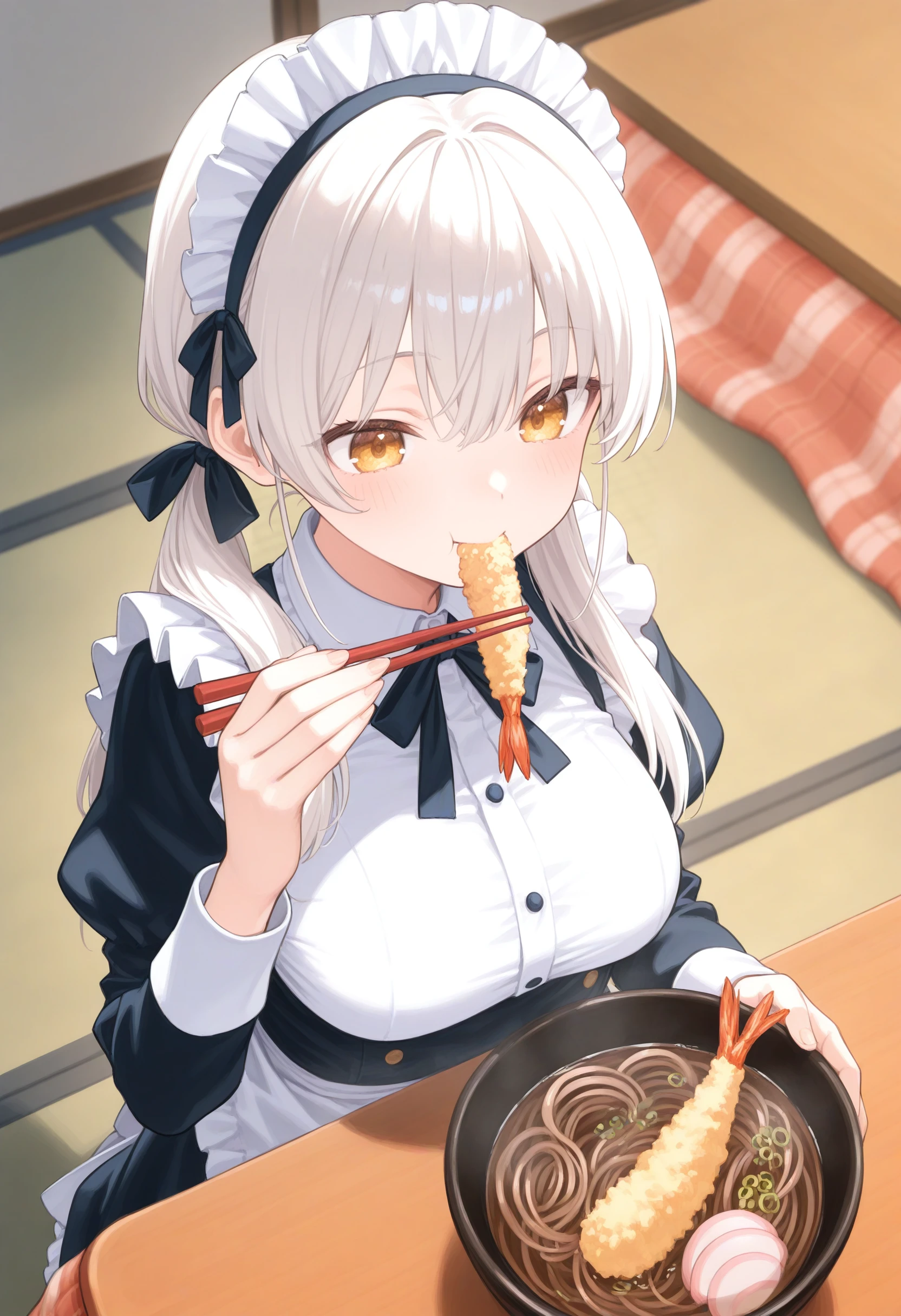 1girl,(sho \(sho lwlw\):0.7),(toosaka asagi:0.5),(sincos:0.3),solo,
masterpiece, best quality, newest, absurdres, CG, anime, source anime, illustration,
maid, maid headdress,medium breasts,
soba, table, eating, kotatsu, noodles, holding chopsticks, bowl, long sleeves, shrimp tempura, steam, kamaboko, food in mouth, hand up,  <lora:soba_Illust_v1:0.8>
from above, cinematic angle, looking down, white hair, golden eyes,happy, closed mouth, quad tails hair,