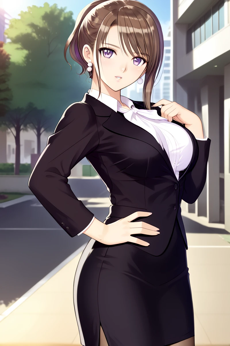 matsumiya_kiriko, 1girl, pantyhose, skirt, solo, brown hair, purple eyes, fitted skirt, outdoors, formal, suit, looking at viewer, black skirt, shirt, jacket, white shirt, office lady, outfit1 outfit2 earrings, <lora:matsumiya_kiriko_v2:0.7> pearl earrings, earrings behind sidelock, high leg, (realisticphoto), cowboy shot, one hand, on hips, cheerful, knee, side view,  <lora:Add_more_details_pony:0.3> <lora:HandFixer_pdxl_Incrs_v1:1> curvy body, tony taka,