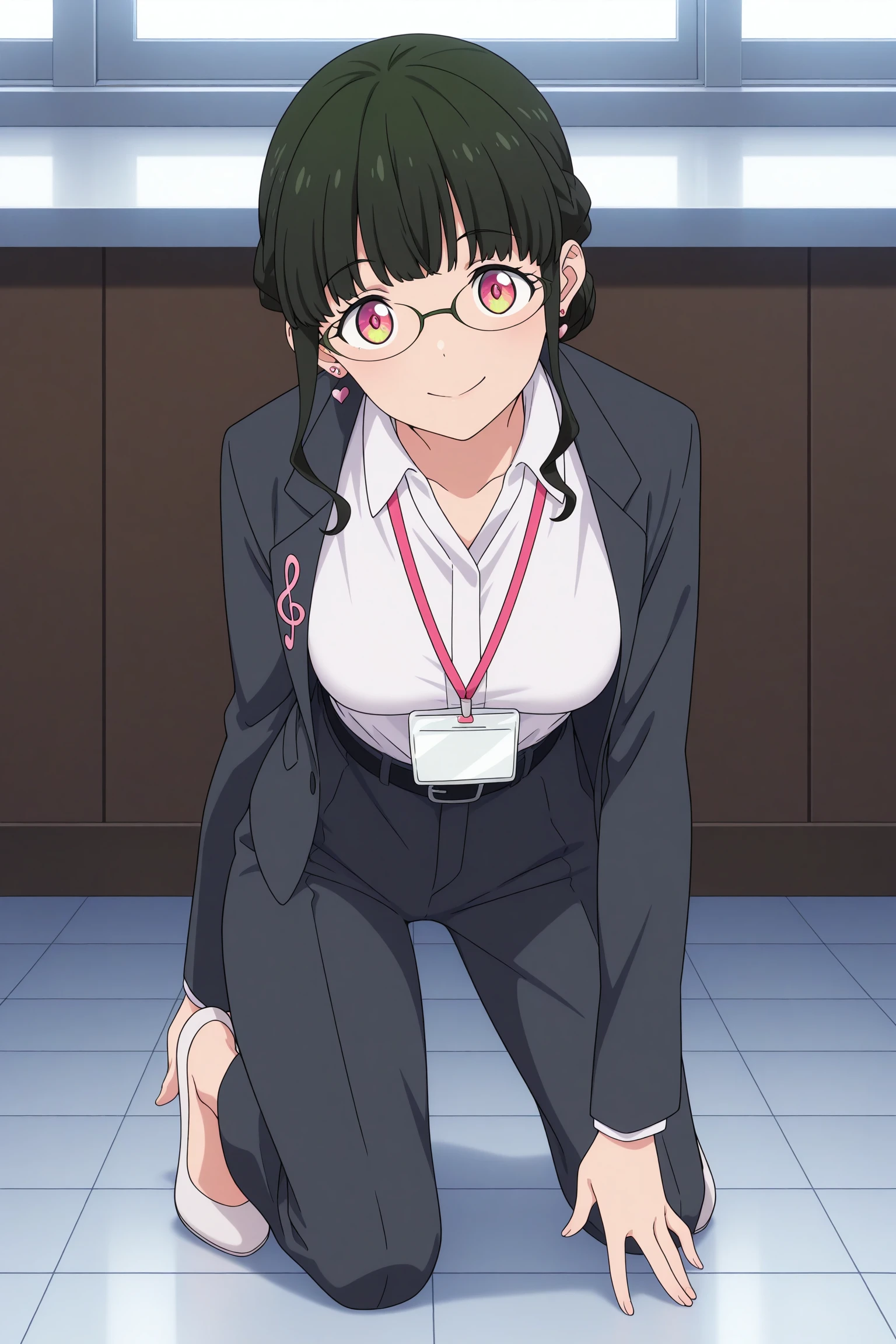 masterpiece, best quality, amazing quality, highres, absurdres, very aesthetic, high resolution, ultra detailed, perfect details, 1girl, indoors, medium breasts, anosillus the 2nd, dark green hair, short hair, half up braid, single hair bun, blunt bangs, sidelocks, multicolored eyes, glasses, heart earrings, grey jacket, musical note ornament, treble clef, white shirt, collared shirt, lanyard, open jacket, belt, grey pants, white footwear, flats, <lora:Anosillus_the_2nd_ILXL:0.8>, (aged up:1.2), (full body:1.1), (pose:1.2), smile