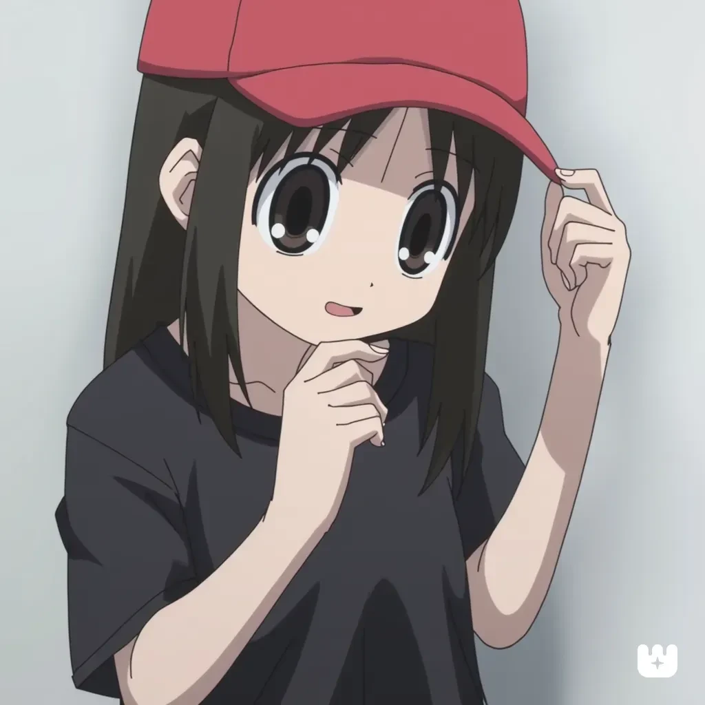 anime AyumuKasuga with long hair wearing a a vlone black shirt with a red cap