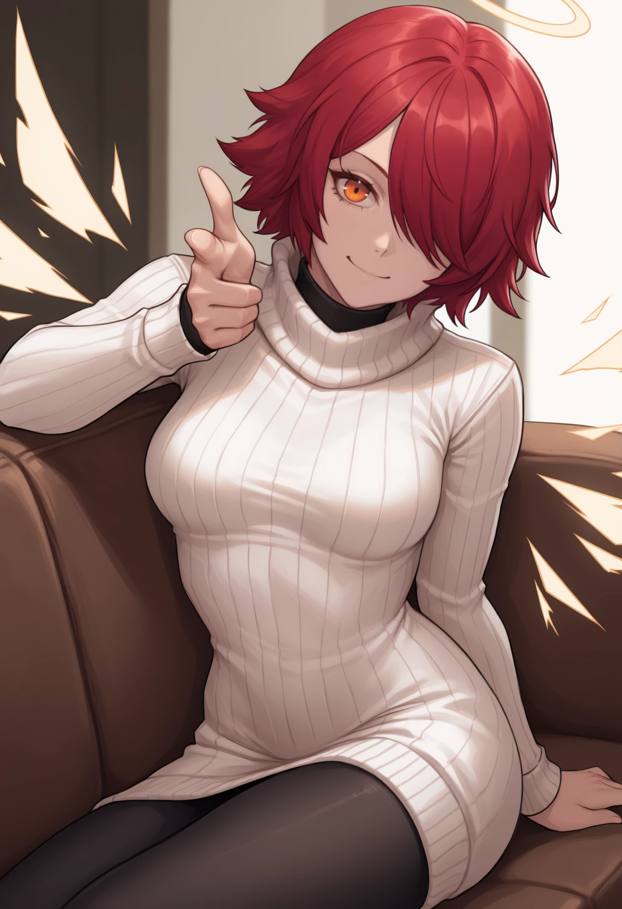 masterpiece, best quality, solo, 1girl, exidef, detached wings, energy wings, smile, looking at viewer, sitting, on couch, finger gun, pointing at viewer, short hair, red hair, hair over one eye, halo, orange eyes, white sweater, sweater dress, ribbed sweater, turtleneck sweater, long sleeves, black pantyhose, medium breasts, indoors, living room
<segment:yolo-face_yolov8m.pt,0.4,0.5//cid=1>