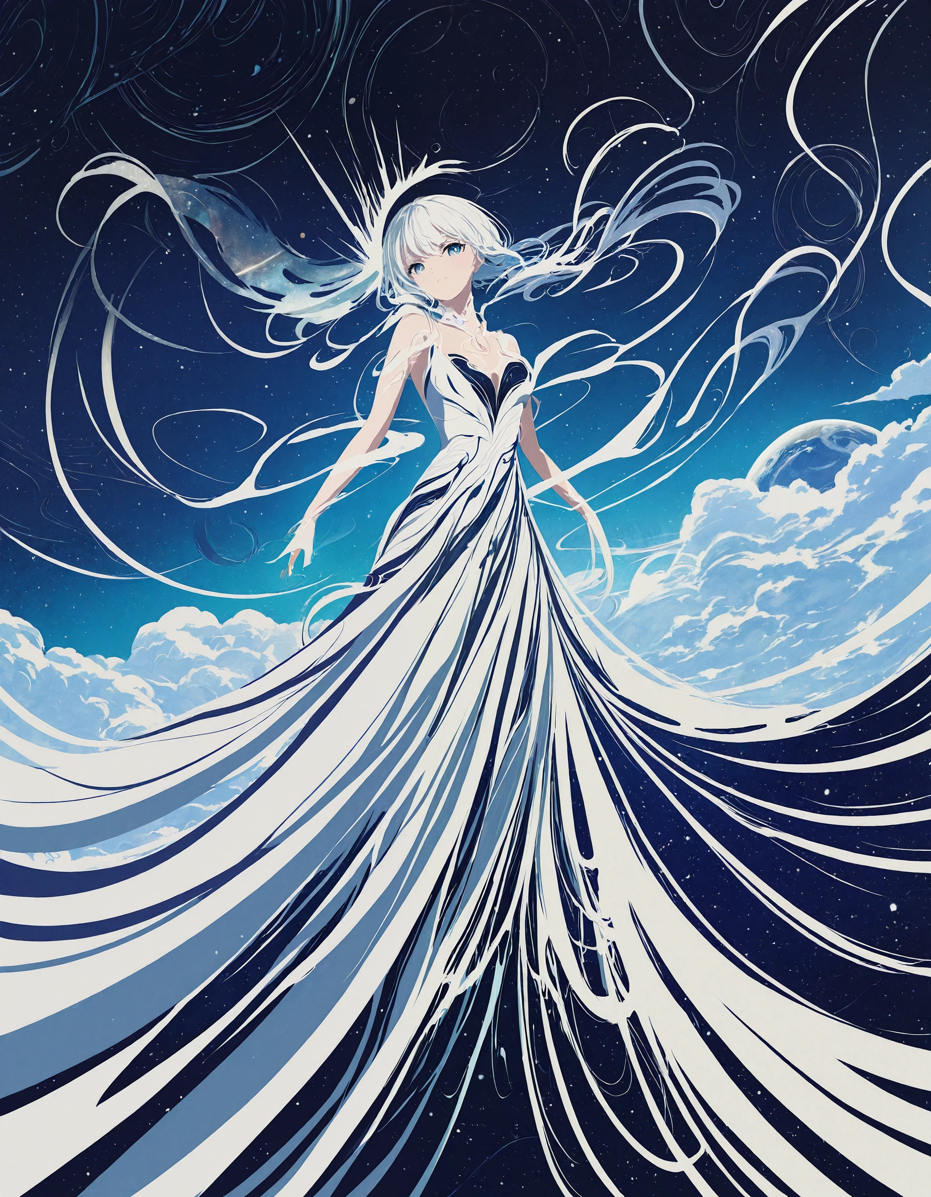 best_quality,masterpiece, <lora:berryverrine_2:1>,b3rr1_illu, abstract, minimalism,Ethereal anime girl, flowing white hair, blue eyes, celestial dress, cosmic background, planets, swirling clouds, starry sky, fantasy art, intricate details, dreamy atmosphere, floating pose, magical aura, white and blue color palette, digital illustration, high contrast, dramatic lighting, wispy tendrils, otherworldly beauty, surreal landscape, luminous skin, delicate features, dynamic composition, mystical energy, high-resolution artwork