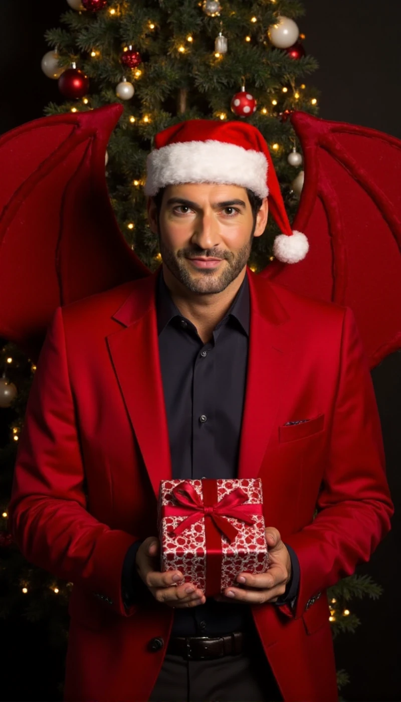 <lora:Lucifer:0.9> lucifer, a man with facial hair, wears a santa suit and hat and devil wings. He holds christmas gift in front of a christmas tree