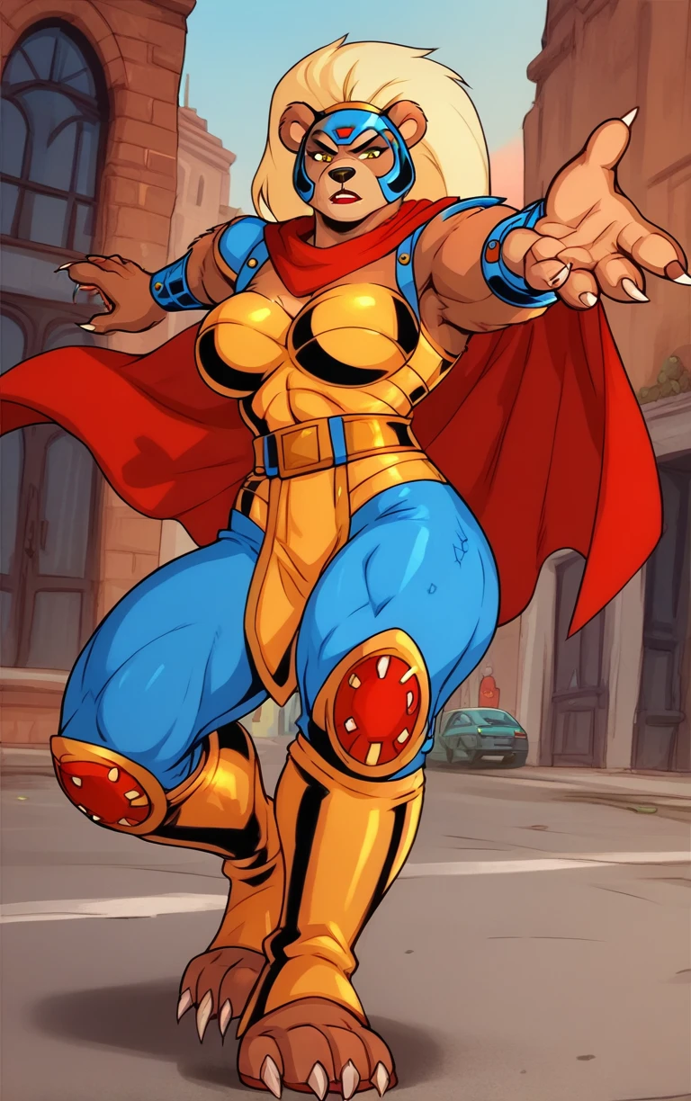 l4dyursul4, 1girl, furry, gold armor, gold boots, blue pauldrons, red cape, blue headguard, arm outstretched toward viewer, hand focus, closeup of claws, intricately detailed, raking with claws, muscular female, large breasts, looking at viewer, fighting stance, leaping toward viewer, city background, sunset,  <lora:lady_ursula_-_sm_unlimited_v1:0.7>,  <lora:rane_fluffkevlar_ponyXL_v1.2:0.4>, score_9, score_8_up, score_7_up, score_6_up, score_5_up, score_4_up,