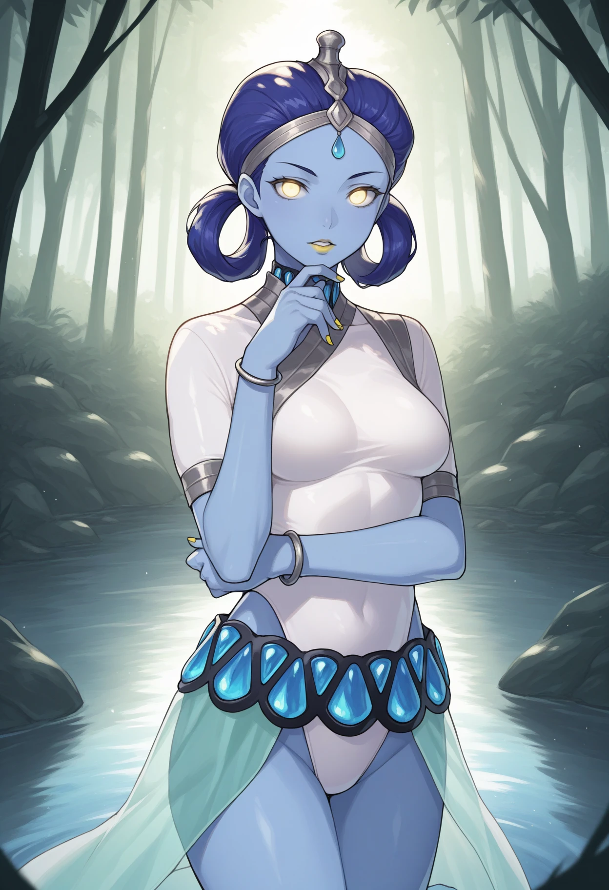 masterpiece, best quality, 1girl, looking at viewer, finger to own chin, holding own arm, parted lips, <lora:ApsarasSMT-illu:1> apsrs, blue hair, hair rings, tiara, forehead jewel, yellow eyes, no pupils, glowing eyes, blue skin, yellow lips, neck ring, white leotard, short sleeves, bracelet, yellow nails, medium breasts, blue belt, showgirl skirt, skin tight, green skirt, see-through skirt, bare legs, forest, lake, dappled sunlight