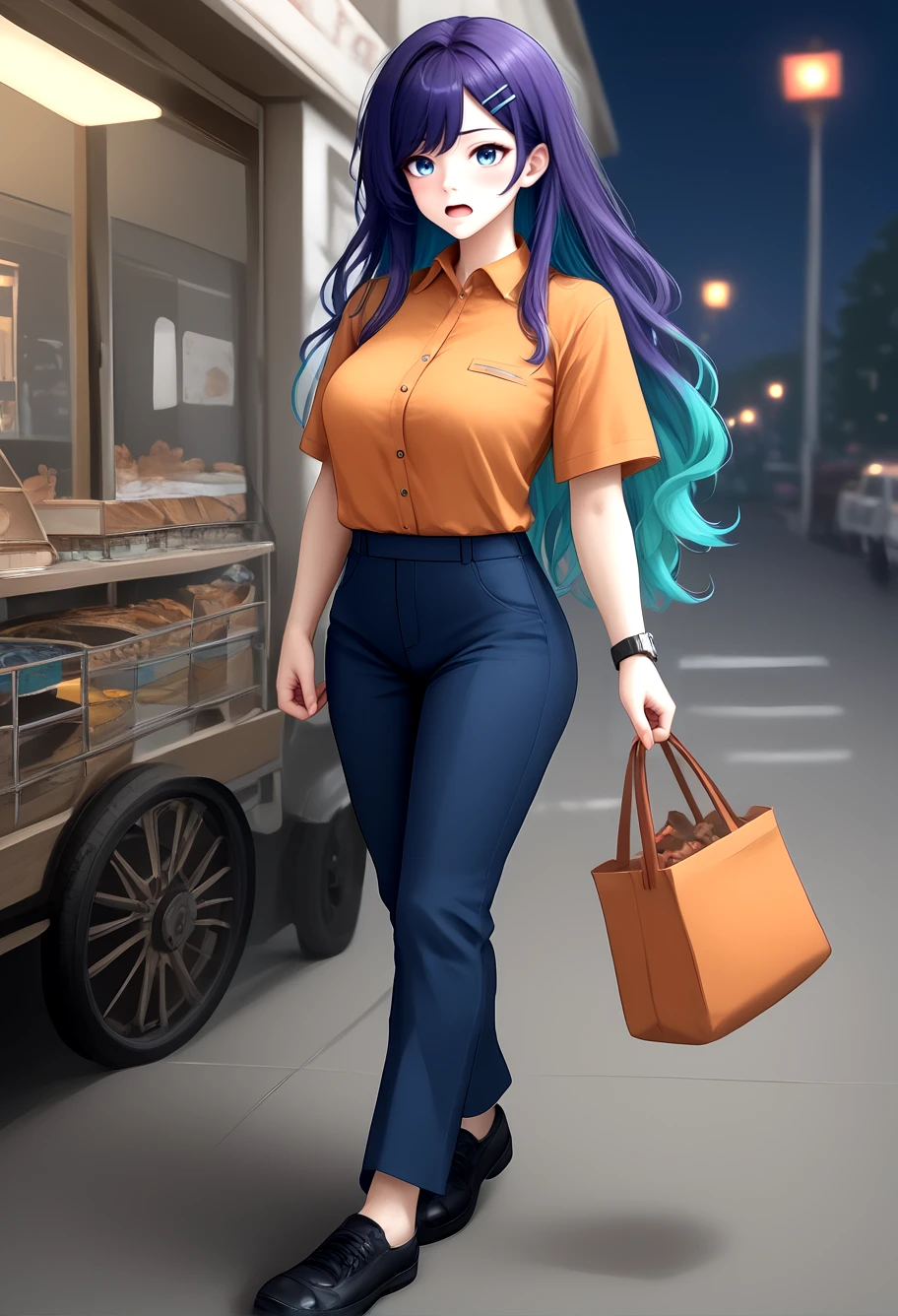 score_9,score_8_up,score_7_up,score_6_up,score_5_up,score_4_up,source_anime,<lora:natsumi_original_ponyxl:1>,natsumi_original_ponyxl,<lora:Add_more_details_V2_XLpony:0.9>,full_details,long hair,multicolored hair,gradient hair,dark purple hair,blue hair,green hair,large breasts,blue eyes,1girl,alternate costume,alternate hairstyle,birthday,black footwear,blue pants,blush,breasts,cart,collared shirt,employee uniform,fingernails,from side,full body,hair ornament,hairclip,night,open mouth,orange shirt,outdoors,pants,pushing,pushing cart,shirt,shoes,shop,short sleeves,sidelocks,solo,standing,swept bangs,three quarter view,walking,watch,wavy mouth,window,wristwatch,gym,