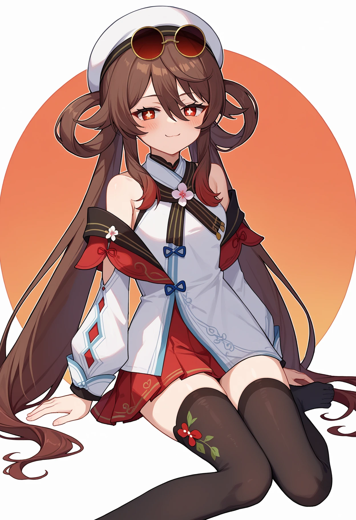 score_9, score_8_up, score_7_up, source_anime,
BREAK
1girl, solo, 
<lora:shiHuTaoCherryV1:1>,
shihucherry, alternate costume, official alternate costume, 
long hair, very long hair, 
brown hair, red eyes, twintails, flower-shaped pupils, hair between eyes, 
sunglasses, eyewear on head, tinted eyewear, 
white headwear, white hat, white shirt, bare shoulders, off shoulder,  detached sleeves, 
white dress, red skirt, black thighhighs, 
looking at viewer, blush, feet, soles, sitting, seductive smile, half-closed eyes, smug,