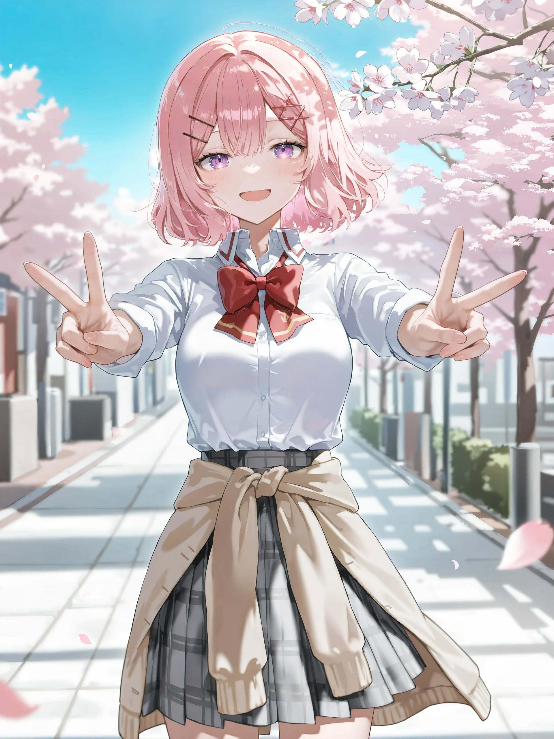 1girl, amaori renako, solo, purple eyes, hairclip, school uniform, pleated skirt, plaid skirt, white collared shirt, red bowtie, clothes around waist, double v, looking at viewer, smile, open mouth, standing, cowboy shot, outdoors, street, cherry blossoms, petals, depth of field , <lora:Char-Amaori_Renako-V1-IL:0.9>
masterpiece,best quality, amazing quality, very aesthetic, absurdres, newest