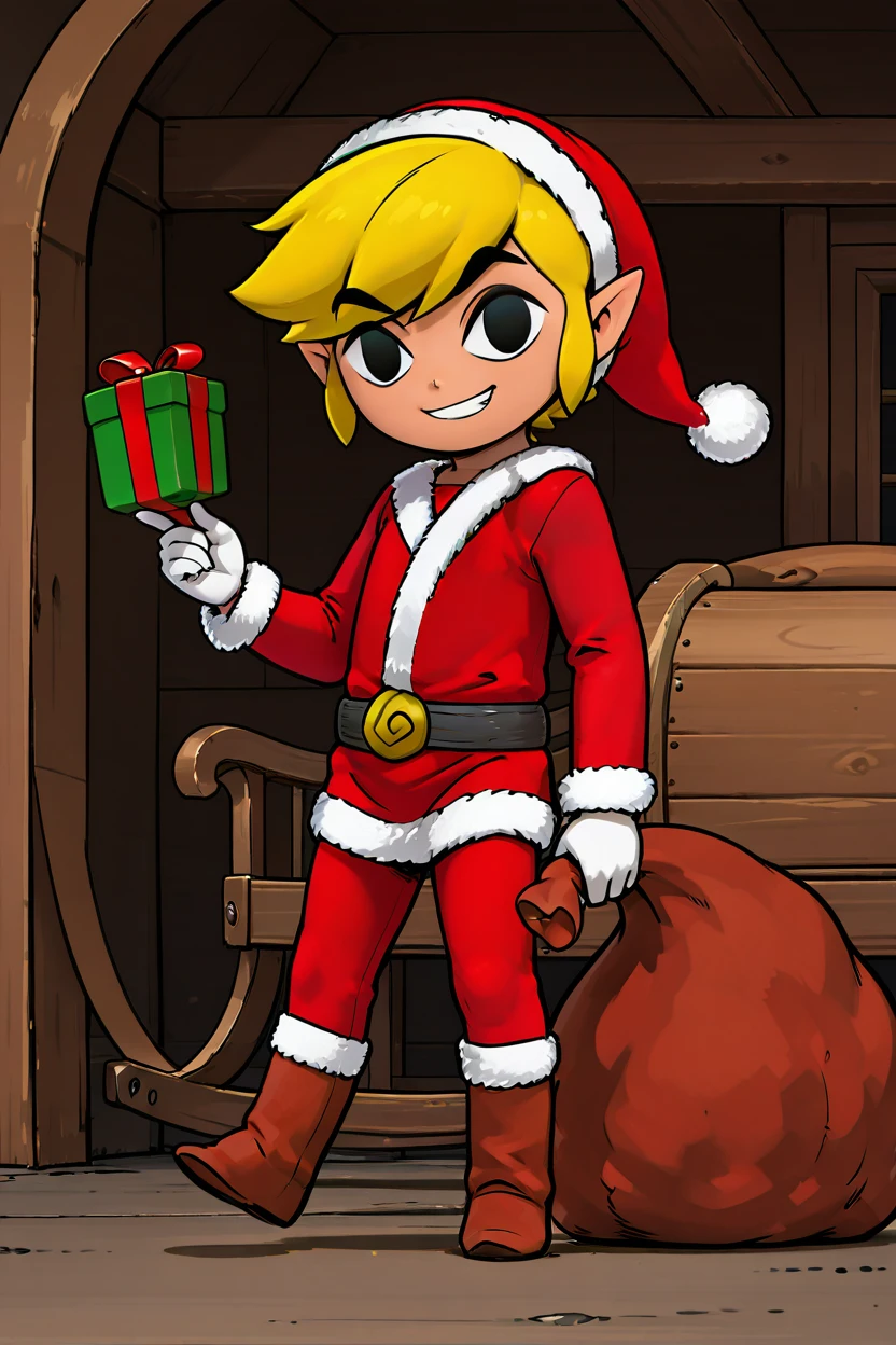 masterpiece, best quality,   zzSantaLink, 1boy, solo,   Santa Link, mischievous grin, gloves, hat, black eyes, christmas, gift, santa costume, riding a shield as a sleigh, sliding down a snowy hill, presents flying out of gift sack, chaotic energy     ,<lora:SantaLinkIXL_v2:1.0>,