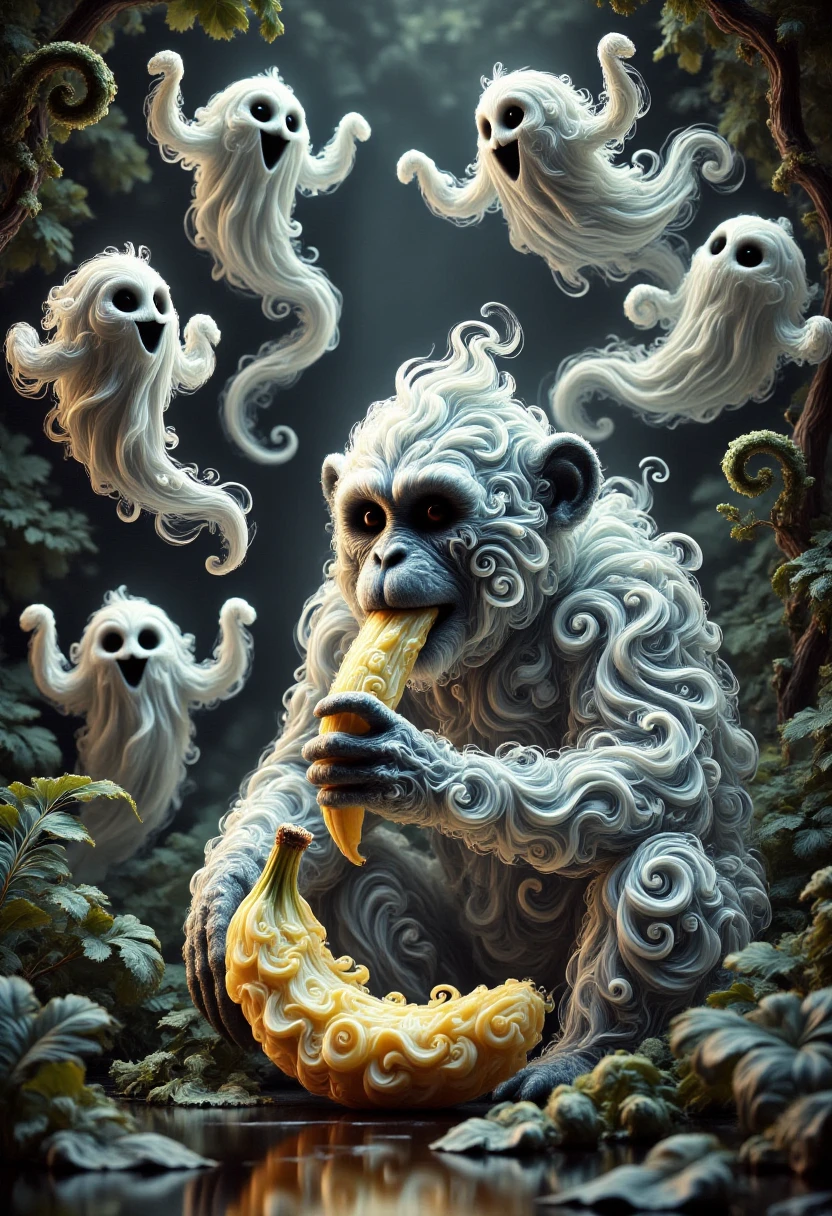 aidmafluxpro1.1, 
A monkey made of ghosts is eating a banana. The scene is set in a tropical forest, the setting is surreal with swirly ghosts flying around.
masterpiece, best quality