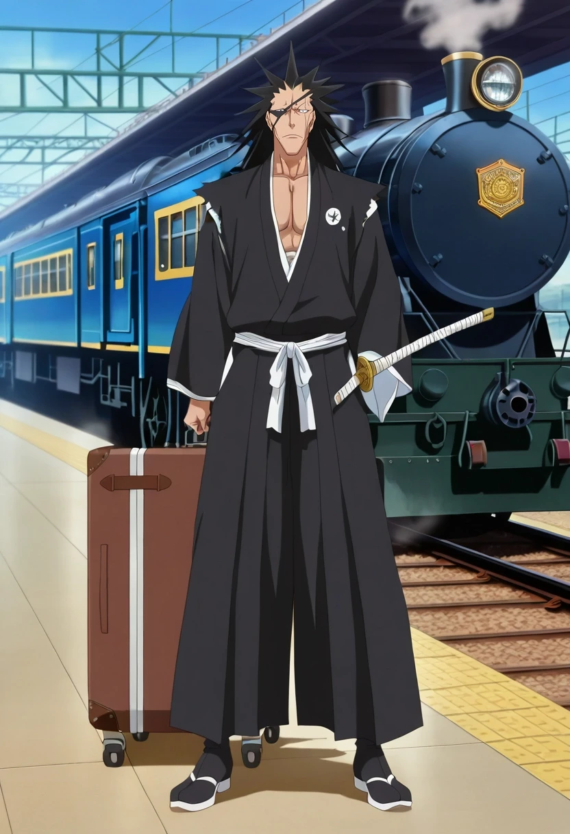 masterpiece, best quality, intricate details, anime screencap, , official style, looking at viewer, , 1boy, solo, male focus, <lora:kenpachi_zaraki_ilxl:0.96>, kenpachi_zaraki, black hair, black eyes, long hair, , , sword, train station, steam locomotive, platform, luggage cart, waiting pose, anticipating expression, early morning, swashbuckler costume