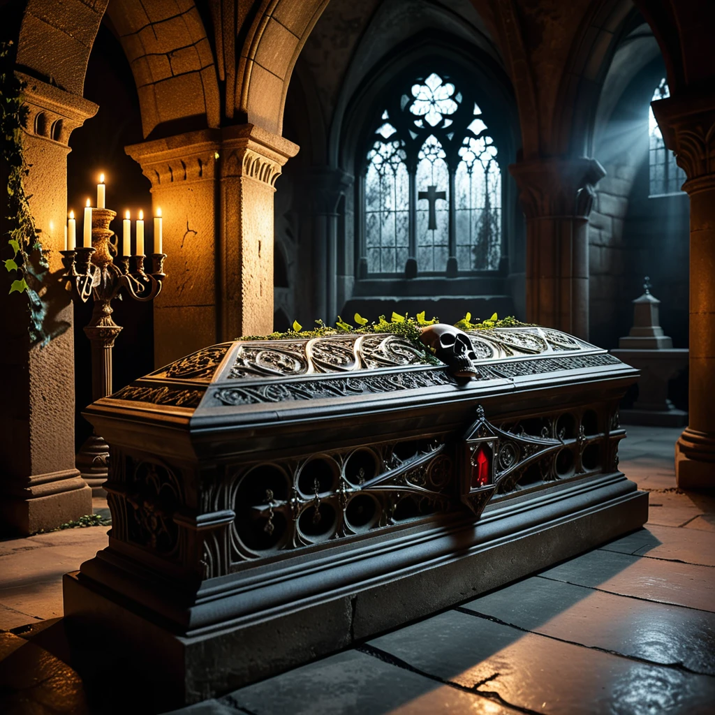 horror-themed A dramatic and atmospheric photograph of the interior of an ancient crypt, dimly lit by flickering candlelight. The crypt features old, cracked stone walls covered in moss and ivy, with intricate carvings and Gothic details etched into the stone. At the center of the crypt lies an ornate vampire coffin, made of dark, polished wood with silver and gold inlays, adorned with ancient symbols and intricate Gothic patterns. The coffin is slightly ajar, revealing a glimpse of red velvet lining. Surrounding the coffin are scattered bones, dusty cobwebs, and antique candelabras with melting candles, casting eerie shadows across the crypt. The mood is dark, mysterious, and hauntingly beautiful, with subtle rays of pale moonlight filtering through a small, broken stained-glass window.
<lora:SDXLFaeTastic2400:0.4> <lora:extremely_detailed:0.4> extremely detailed,, eerie, unsettling, dark, spooky, suspenseful, grim, highly detailed, Masterpiece,best quality,hi res,8k,hi res,8k,award winning,(sharp focus, intricate, highly detailed),