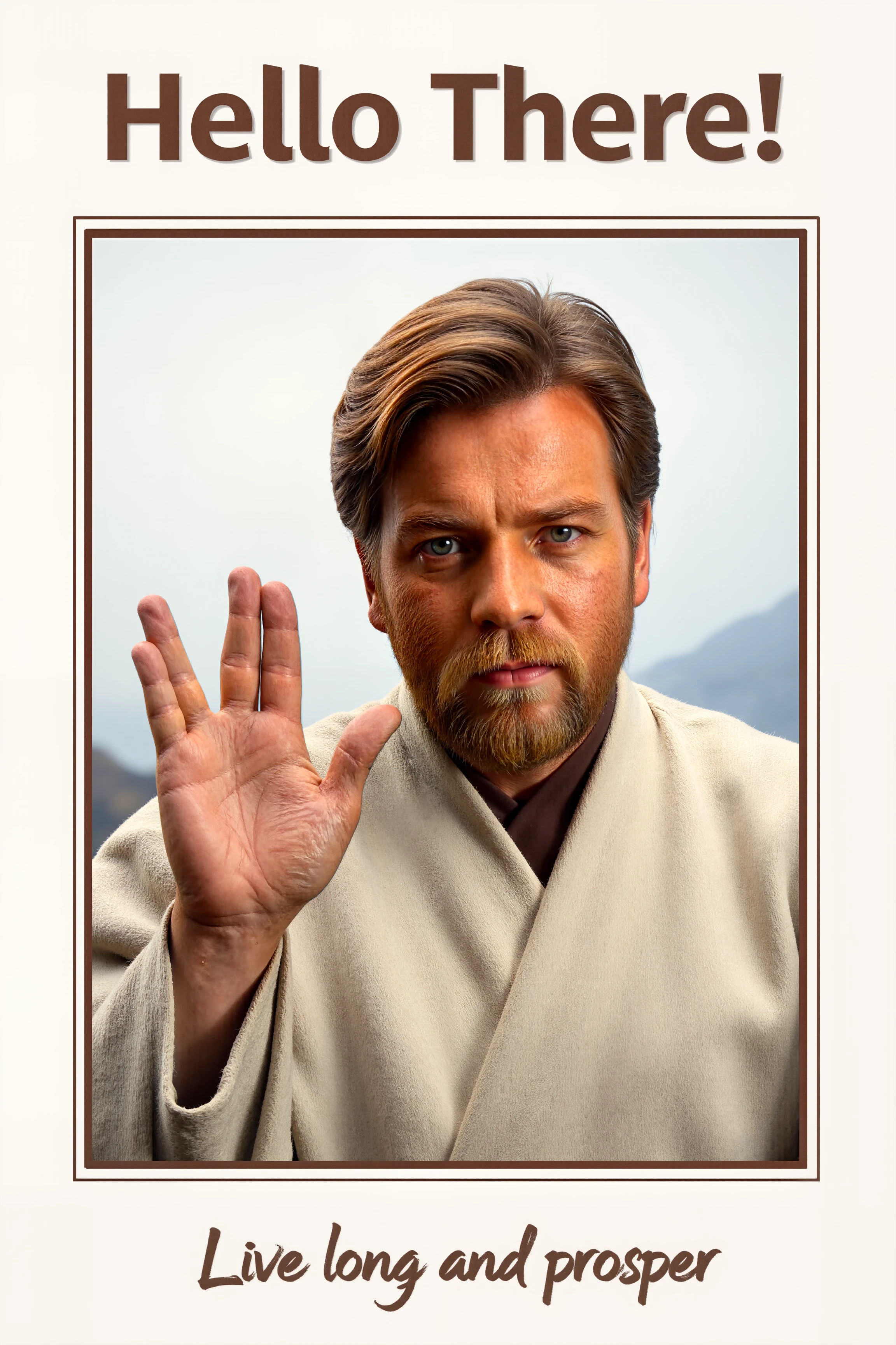 Live long and prosper!. A poster. At the top there is text "Hello There!". At the bottom there is text "Live long and prosper!".photograph, Seductive 0b1wank3n0bi obiwan_kenobi-000001, wearing tunic, at Overcast, Cinestill, Canon eos 5d mark 4, F/8, stylized by Mab Graves, Chuck Close.He is giving a v-shaped vulcan salute hand gesture with fingers parted between the middle and ring finger and with extended thumb.Fantastic lighting. Detailed shadows.intricate details, vivid colors, hyper-detailed, ultra-sharp<lora:VULCANSALUTE_FLUX:1.3><lora:ObiWan_Kenobi-000001>