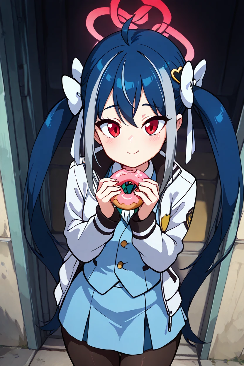 masterpiece, best quality, solo, curvy, beautiful eyes,zzFubuki, red eyes, blue hair, long hair, twintails, streaked hair, halo, hair bow, grey hair white jacket, blue vest, blue skirt, white shirt, black pantyhose, doughnut, heart hair ornament, <lora:FubukiBluearchiveIXL:1.0>from above, dynamic pose, cowboy shot, smile, looking at viewer, shiny skin,<lora:DiivesIXL:1.0>,