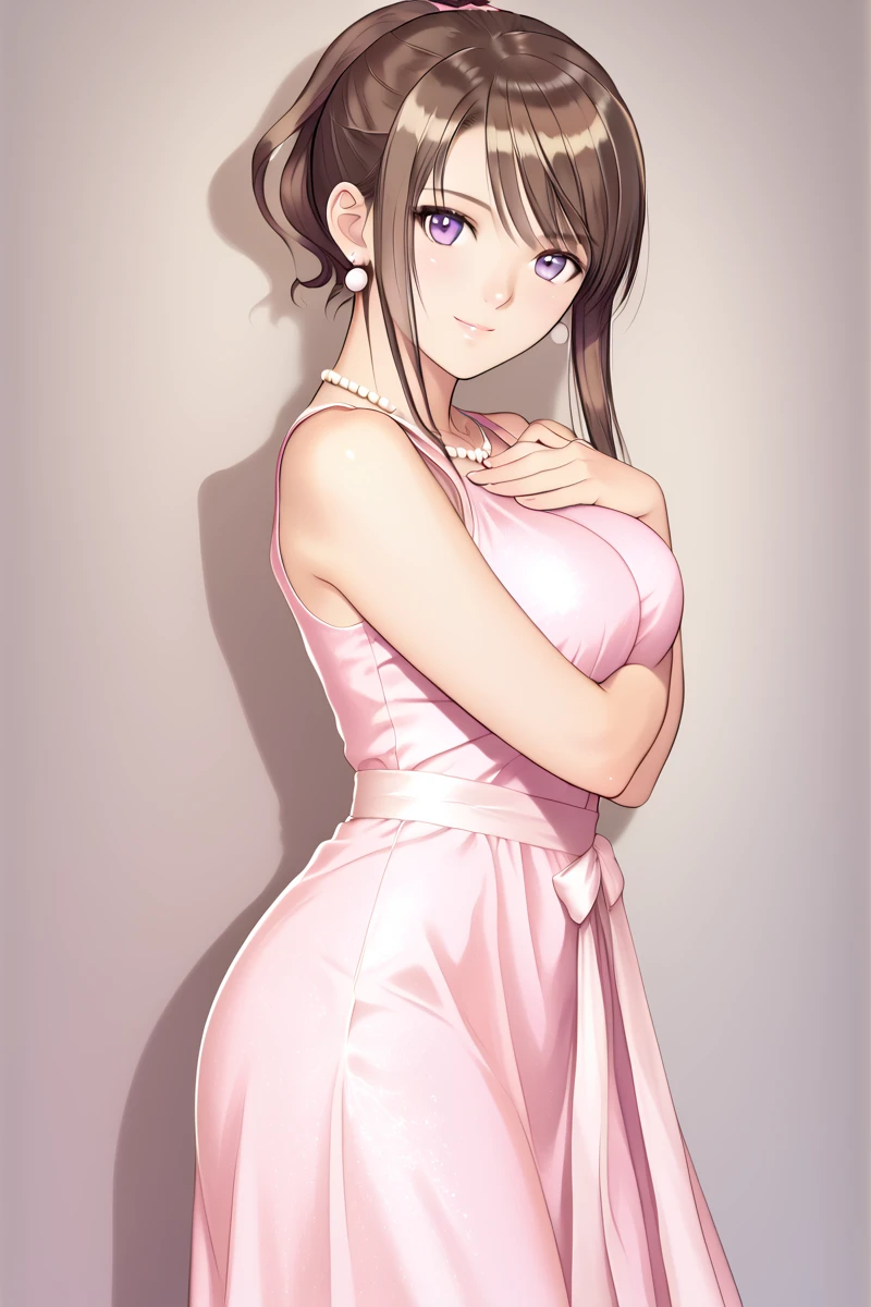 matsumiya_kiriko, 1girl, dress, solo, pink dress, large breasts, looking at viewer, purple eyes, brown hair, sleeveless, standing, hand on own chest, bangs, smile, sidelocks, sleeveless dress, closed mouth, outfit4<lora:matsumiya_kiriko_v2:0.9> pearl earrings, earrings behind sidelock, high leg, (photorealistic), cowboy shot, one hand, on hips, cheerful, knee, side view,  <lora:Add_more_details_pony:0.3> <lora:HandFixer_pdxl_Incrs_v1:1>   necklace, tony taka