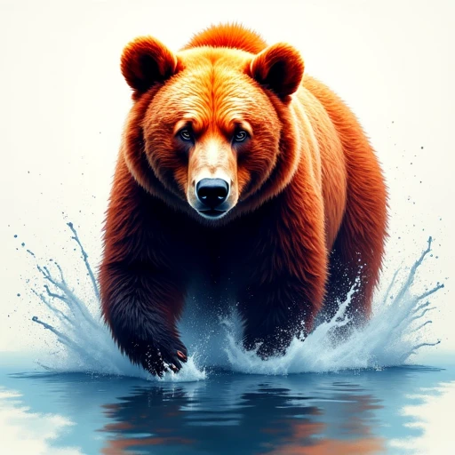 This image is a digital illustration of a majestic brown bear, rendered in a highly detailed, realistic style with a touch of hyper-realism. The bear is depicted mid-stride, appearing to walk through a splash of water, with its powerful front legs and claws submerged in the water. The bear's fur is a rich, deep orange-brown color, with detailed texture showing individual strands and highlights that give it a lifelike appearance.