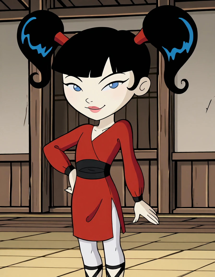 <lora:KimikoIllustrious1.0JLFO:1> kimiko, 1girl, black hair, twintails, red dress, solo, blue eyes, white pantyhose, black footwear, bangs,smile,  lips, lipstick, looking at viewer,hand on hip, cowboy shot,dojo