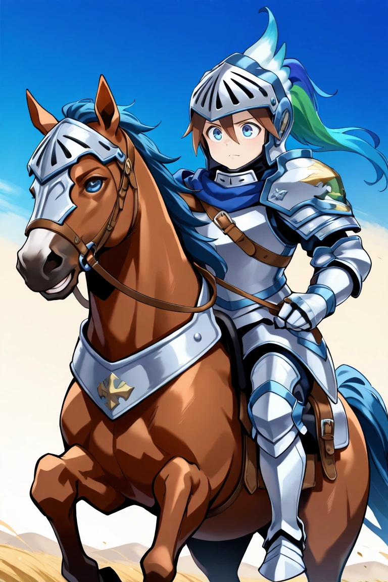 <lora:DurantIL:0.8> , durdef, 1boy, brown hair, short hair, hair between eyes, blue eyes, helmet, blue plume, multicolored plume, visor \(armor\), armor, blue scarf, shoulder belt, single pauldron, shoulder armor, gauntlets, greaves, horseback riding, (armored horse),  knight, standing, , solo, masterpiece, best quality, amazing quality, very aesthetic, high resolution,