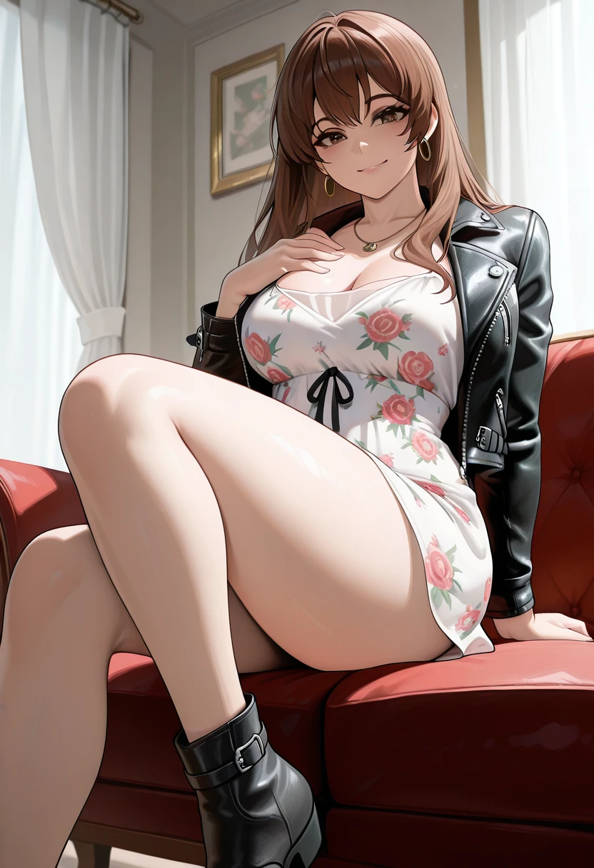 masterpiece, best quality, newest, absurdres, highres ,  <lora:KasumiIllustDOA-000014:0.9>,  KSMIDOADF, brown hair, brown eyes,  necklace,  white dress, floral print, black leather jacket, open jacket,  smile, , breasts, hair down, 1girl, solo, sitting, on couch,  thighs, bare legs, looking at viewer, hand on own chest, indoors, ankle boots, , curtains,