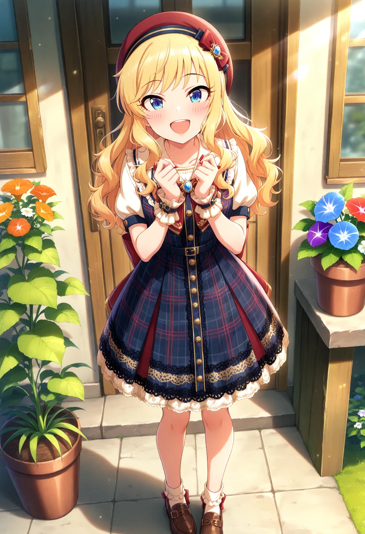 masterpiece, best quality, absurdres, highres, explicit, Newest, anime coloring,anime_screencap,
idolyui,blonde hair, long hair,blue eyes, hat, dress, smile, open mouth, looking at viewer, plaid dress, bow, short sleeves, wavy hair, nail polish, :d, blush, red headwear, wrist cuffs, shoes, plaid, socks, puffy short sleeves, red bow, beret, necktie, bobby socks, standing, puffy sleeves,brown footwear, plant, blue flower,potted plant, , window, outdoors, flower pot, purple flower,red flower, morning glory, blurry,  day, door, orange flower, sunlight, white flower,,(masterpiece:1.1), (best quality:1.1), (newest:1.1), official art, anime screenshot, (absurdres:1.1), (highres:1.1),  <lora:idolyui:1>