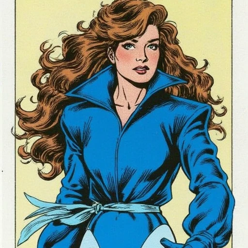 flowing, Shadowcat. This is a detailed, cascading down her back. She is dressed in a form-fitting, cinched at the waist with a belt. The jacket is a vibrant, voluminous brown hair styled in loose waves. She is wearing a blue superhero costume, Shadowcat. This is a dynamic, focused expression on her face