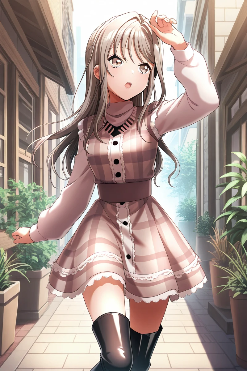 masterpiece,best quality,amazing quality,,
 <lora:HayateIL:1> hayate, thighhighs, long hair, dress, boots, long sleeves, thigh boots, 1girl, open mouth, black footwear, plaid dress, black hair, brown eyes, arm up, plaid, plant