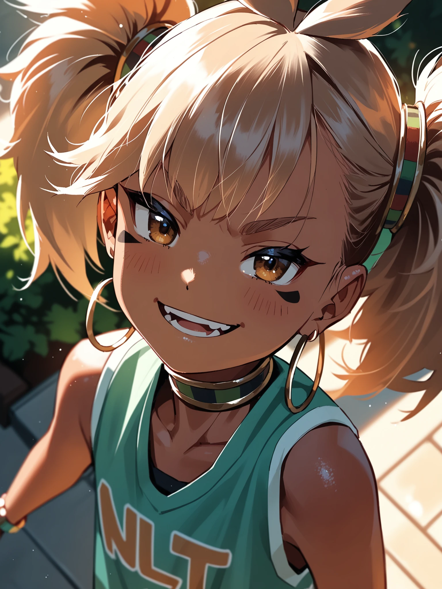 <lora:happy_tentacle-genpnepet-v0.8-000010:1>, ht_genpnepet, (facial mark:1.1), hair ornament, hoop earrings, choker, bracelet, (dark-skinned female, brown eyes, blonde hair:0.8) , smug, outdoors, day cowboy shot, 1girl, solo focus, (looking away:1.1), backlighting, (depth of field:0.8), from above, [(realistic, photorealistic:1.1):(realistic:1.3):22], [(3d:1.2)::10], <lora:LUUNA's Lunas-NijiJourney-SDXL-B2:0.5>, nijijourney, <lora:prgfrg23's Counterfeit-V3.0 Style SDXL_LoRA_Pony Diffusion V6 XL:0.3>, <lora:Shed_The_Skin's StS_age_slider_v1_initial_release:-1>, score_9, score_8_up, score_7_up, score_6_up, score_5_up, score_4_up