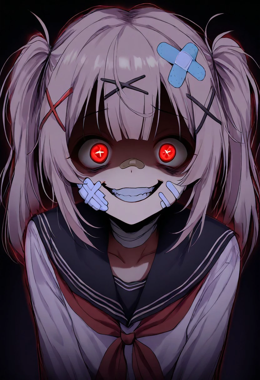 masterpiece, yamikawaii, solo, bandaid, bandages, x hair ornament, 1girl, grinning, psycho, dark, eyes glowing, yandere, serafuku