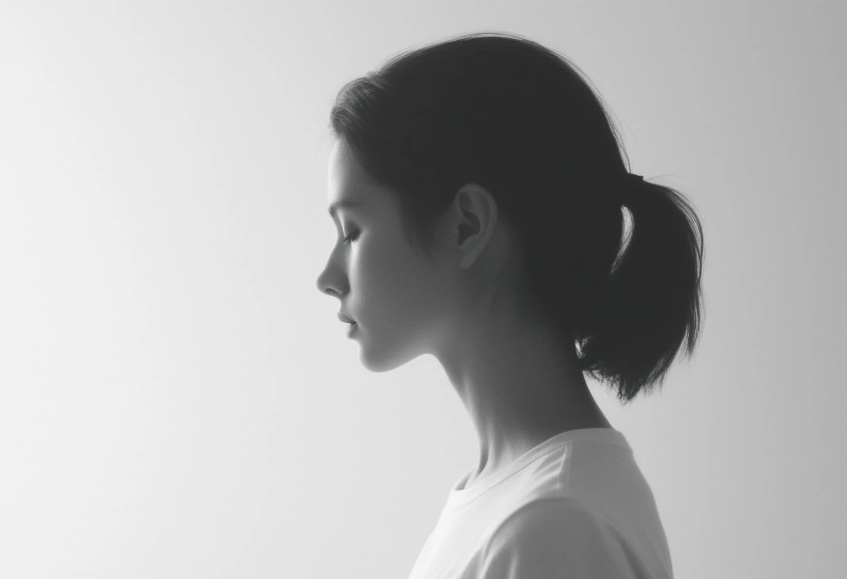 an aesthetic, minimalist depiction of a female profile in side view. she wears a t-shirt. The focus is on the soft contours and calm, monochromatic tones. The scene feels mystical and dreamy, almost as if viewed through a delicate mist, with gentle light accentuating the silhouette. The background is diffuse and creamy white, drawing attention to the elegant simplicity of the figure.